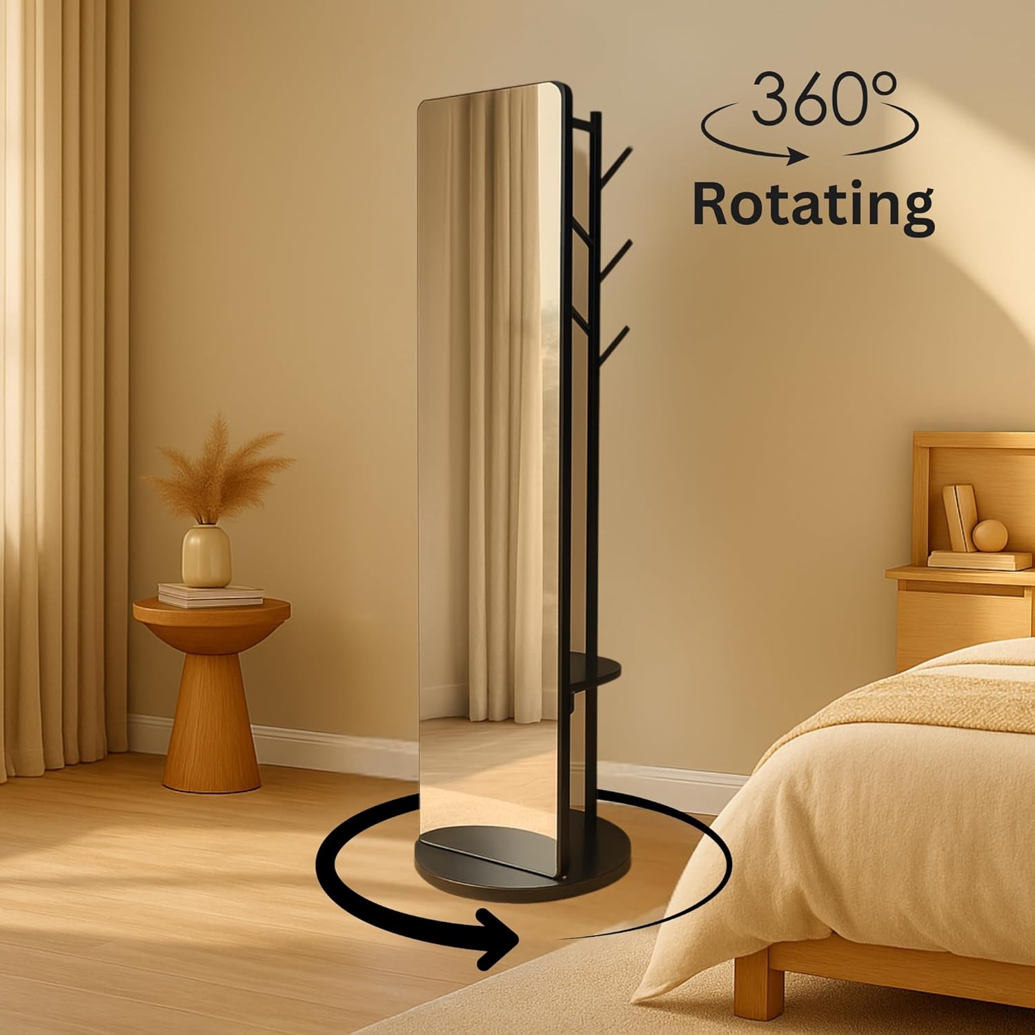 Rotating Solid Wood Full Length Mirror with Coat Rack, 69x16” Shatterproof Floor Mirror with Storage Clothes Rack, Shelf & Hooks – Ideal for Hallway, Bedroom, or Living Room (Black, Large)
