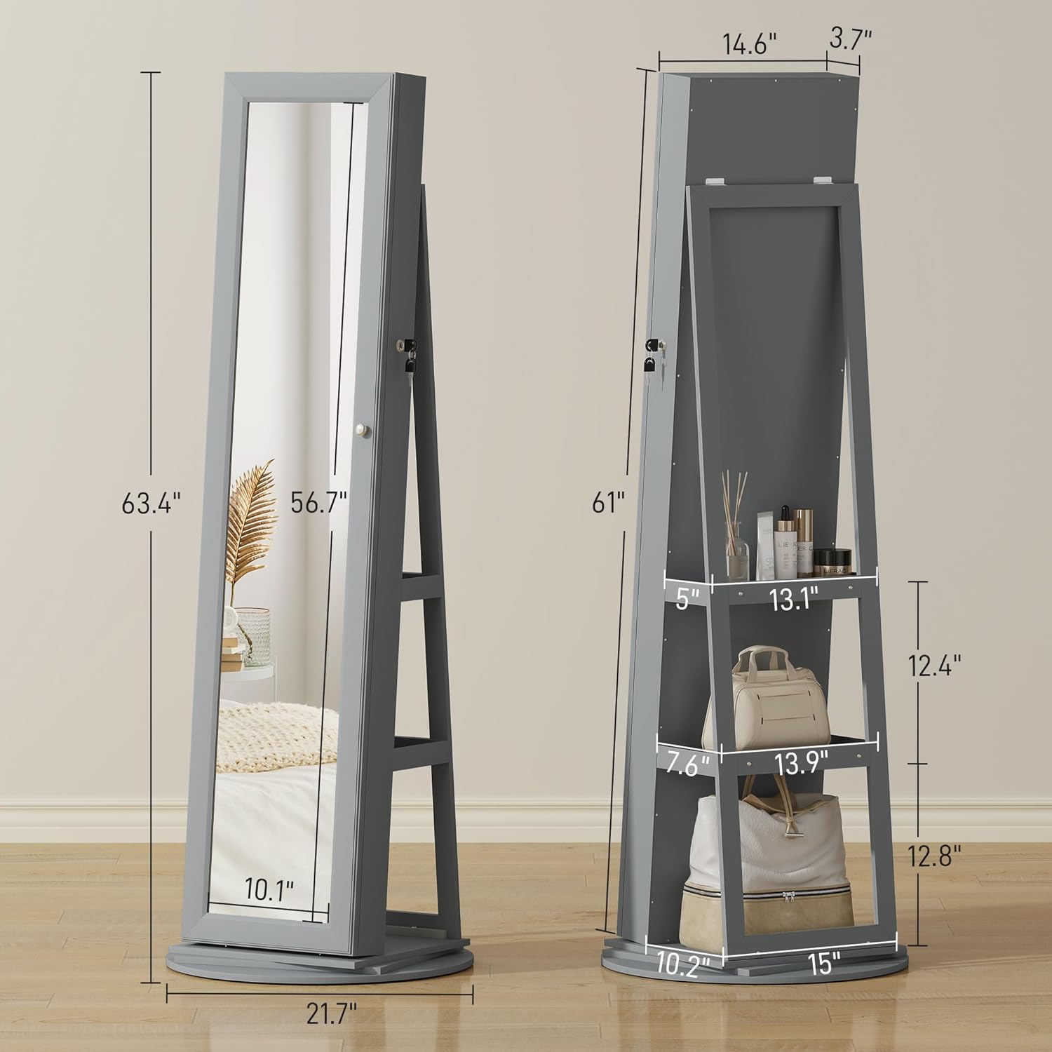 HOMCOM 360° Swivel Jewelry Cabinet, Lockable Jewelry Armoire Organizer with Full-Length Mirror, Back Storage Shelves, Interior Small Mirror, for Bedroom Living Room, White