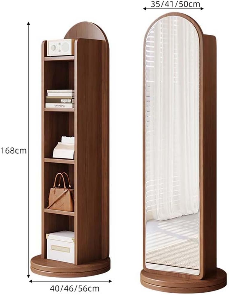 360° Rotating Wood Full Length Mirror, Wood Floor Mirror and Storage Shelf & Bookshelf, Long Mirrors for Bedroom, Living Room, Entryway