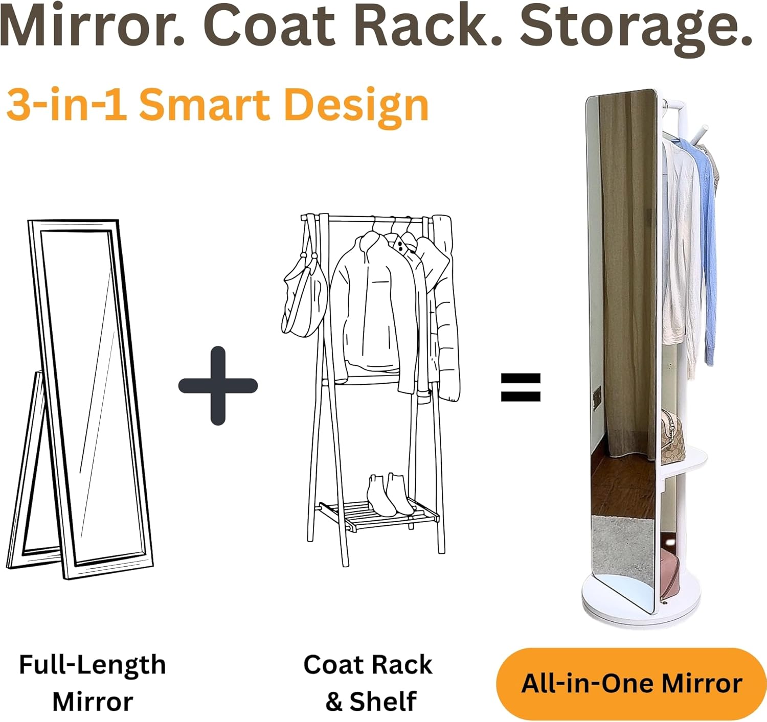 Rotating Solid Wood Full Length Mirror with Coat Rack, 69x16” Shatterproof Floor Mirror with Storage Clothes Rack, Shelf & Hooks – Ideal for Hallway, Bedroom, or Living Room (Black, Large)