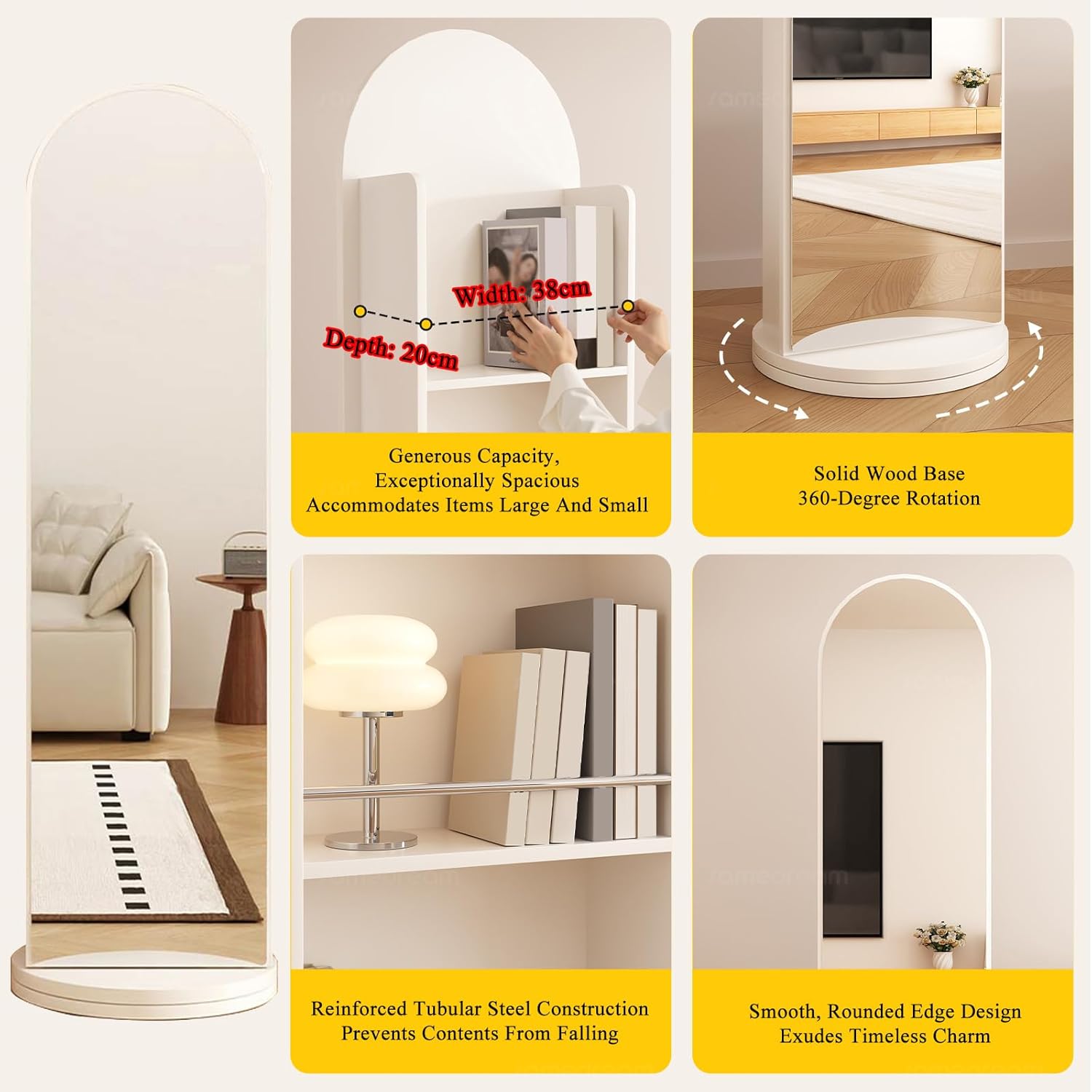 Arched Solid Wood Full-Length Mirror with Bookshelf, 360º Rotating Bookshelf Mirror, Floor-Standing Mirrors and Magazine Holder for Living Room Bedroom