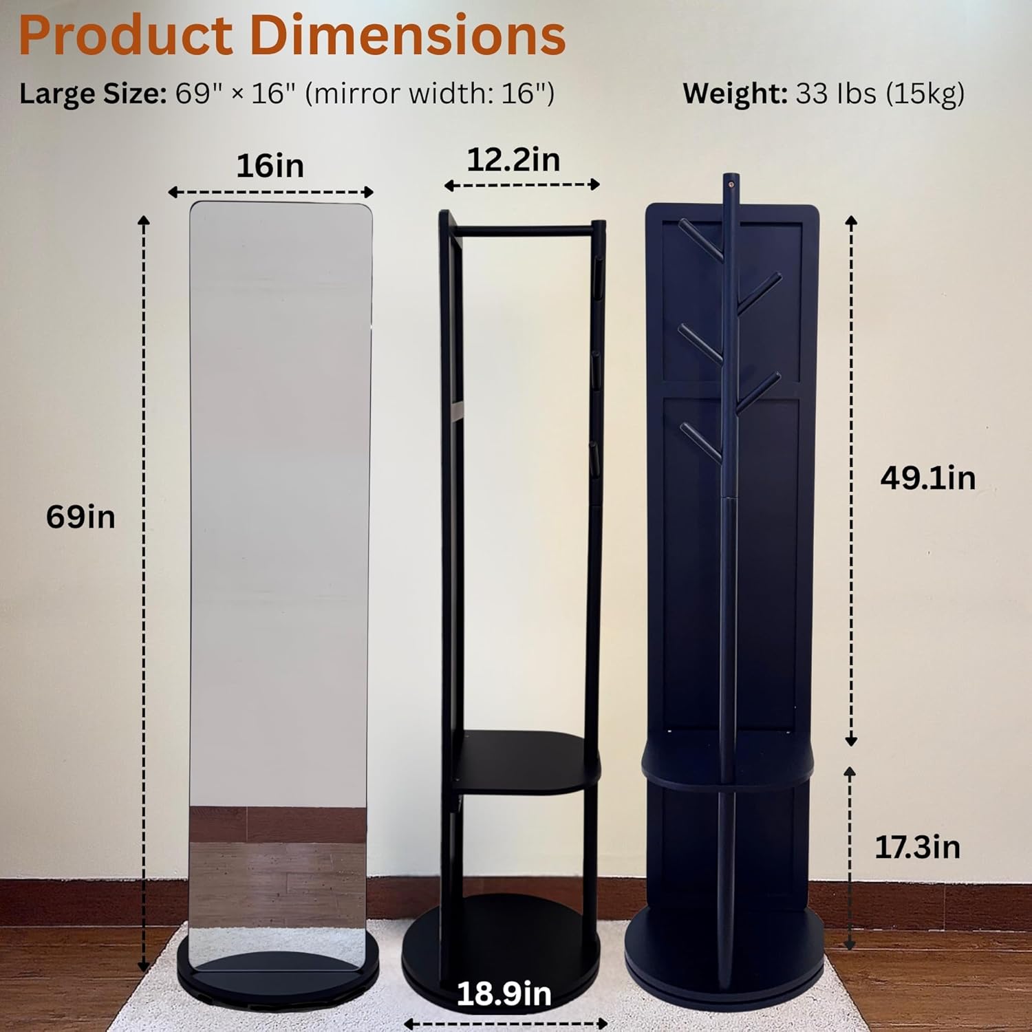 Rotating Solid Wood Full Length Mirror with Coat Rack, 69x16” Shatterproof Floor Mirror with Storage Clothes Rack, Shelf & Hooks – Ideal for Hallway, Bedroom, or Living Room (Black, Large)