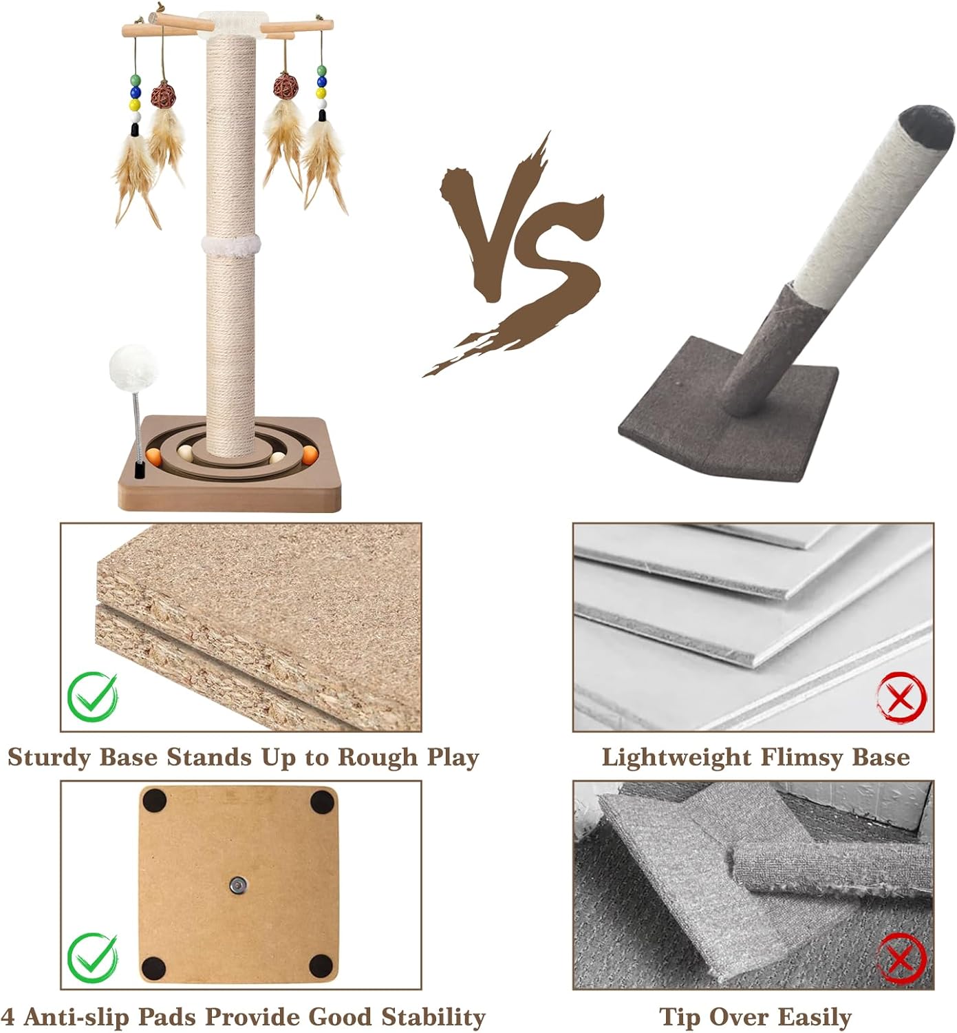 Cat Scratching Post, Sisal, Interactive Furniture Toys for Indoor Cats Adults, 2 Mounting Methods Scratcher Tree Tower with Hanging and Ball Track, Activity Center for Kitten, 25 inches