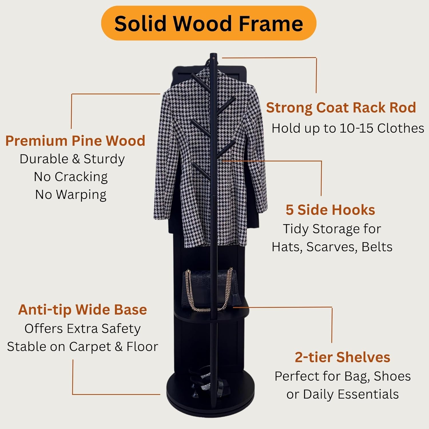 Rotating Solid Wood Full Length Mirror with Coat Rack, 69x16” Shatterproof Floor Mirror with Storage Clothes Rack, Shelf & Hooks – Ideal for Hallway, Bedroom, or Living Room (Black, Large)