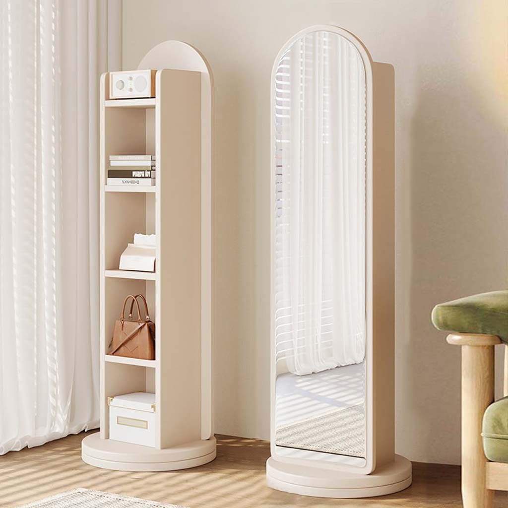 360° Rotating Wood Full Length Mirror, Wood Floor Mirror and Storage Shelf & Bookshelf, Long Mirrors for Bedroom, Living Room, Entryway