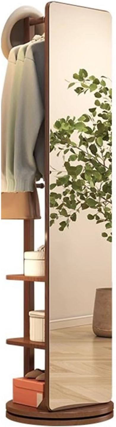 Rotatable Full Length Mirror with Cloak Rack, 360° Rotating Solid Wood Full Body Mirror , 3-in-1 Floor Standing Mirrors with Hooks & Hidden Storage,for Bedroom, Living Room, Dressing Room, 66.1 * 15
