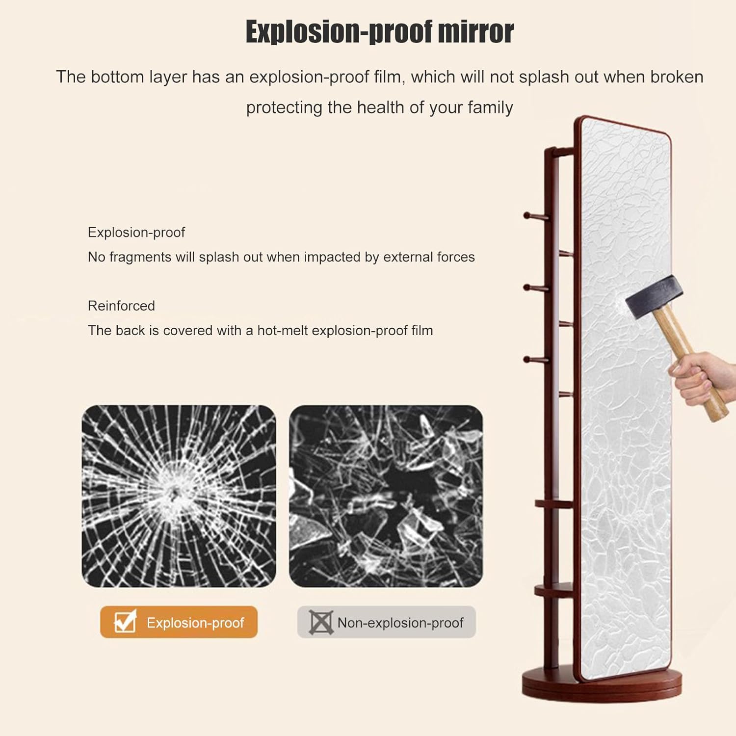 Rotatable Full Length Mirror with Cloak Rack, 360° Rotating Solid Wood Full Body Mirror , 3-in-1 Floor Standing Mirrors with Hooks & Hidden Storage,for Bedroom, Living Room, Dressing Room, 66.1 * 15