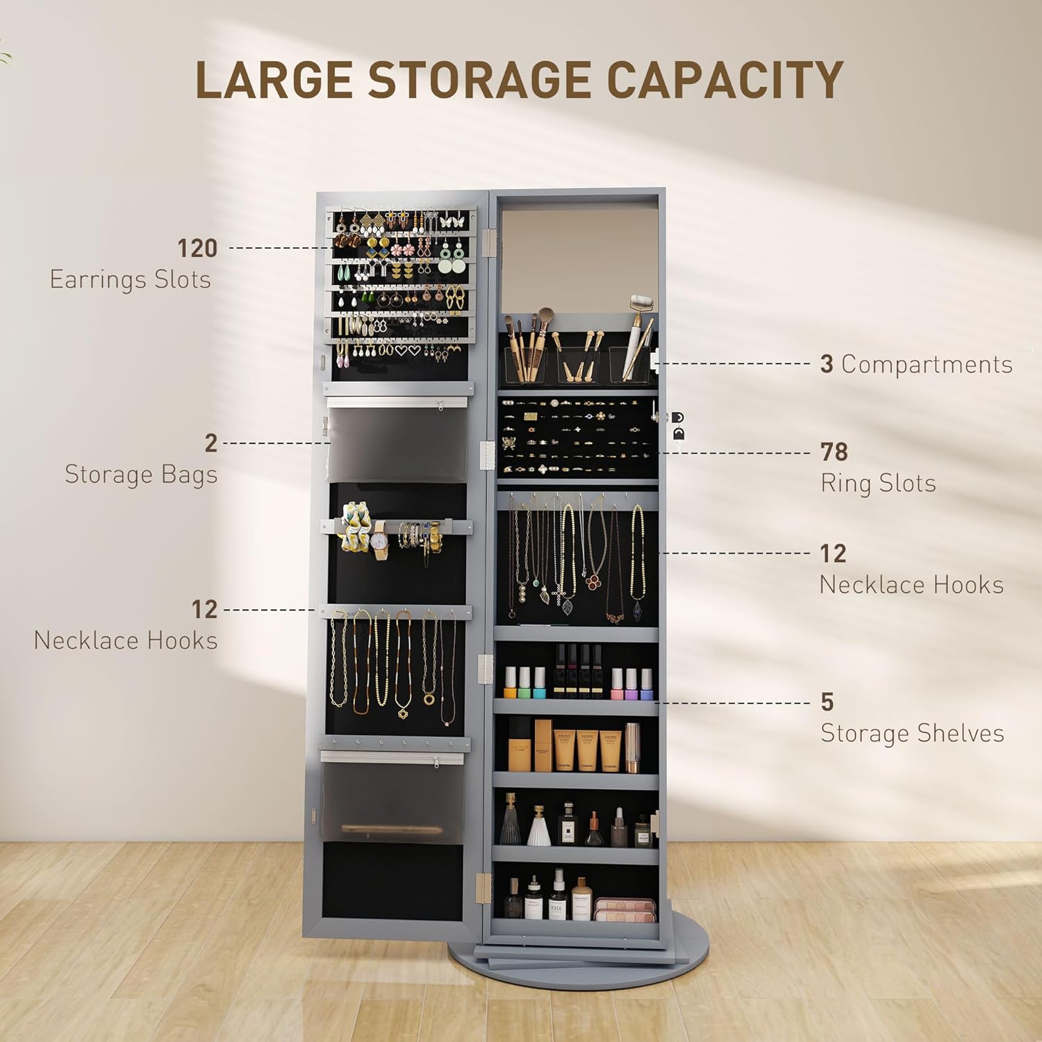 HOMCOM 360° Swivel Jewelry Cabinet, Lockable Jewelry Armoire Organizer with Full-Length Mirror, Back Storage Shelves, Interior Small Mirror, for Bedroom Living Room, White