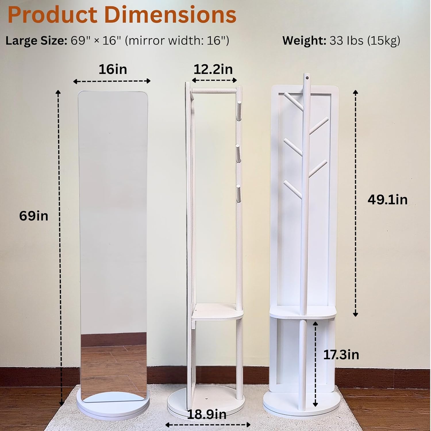 Rotating Solid Wood Full Length Mirror with Coat Rack, 69x16” Shatterproof Floor Mirror with Storage Clothes Rack, Shelf & Hooks – Ideal for Hallway, Bedroom, or Living Room (Black, Large)