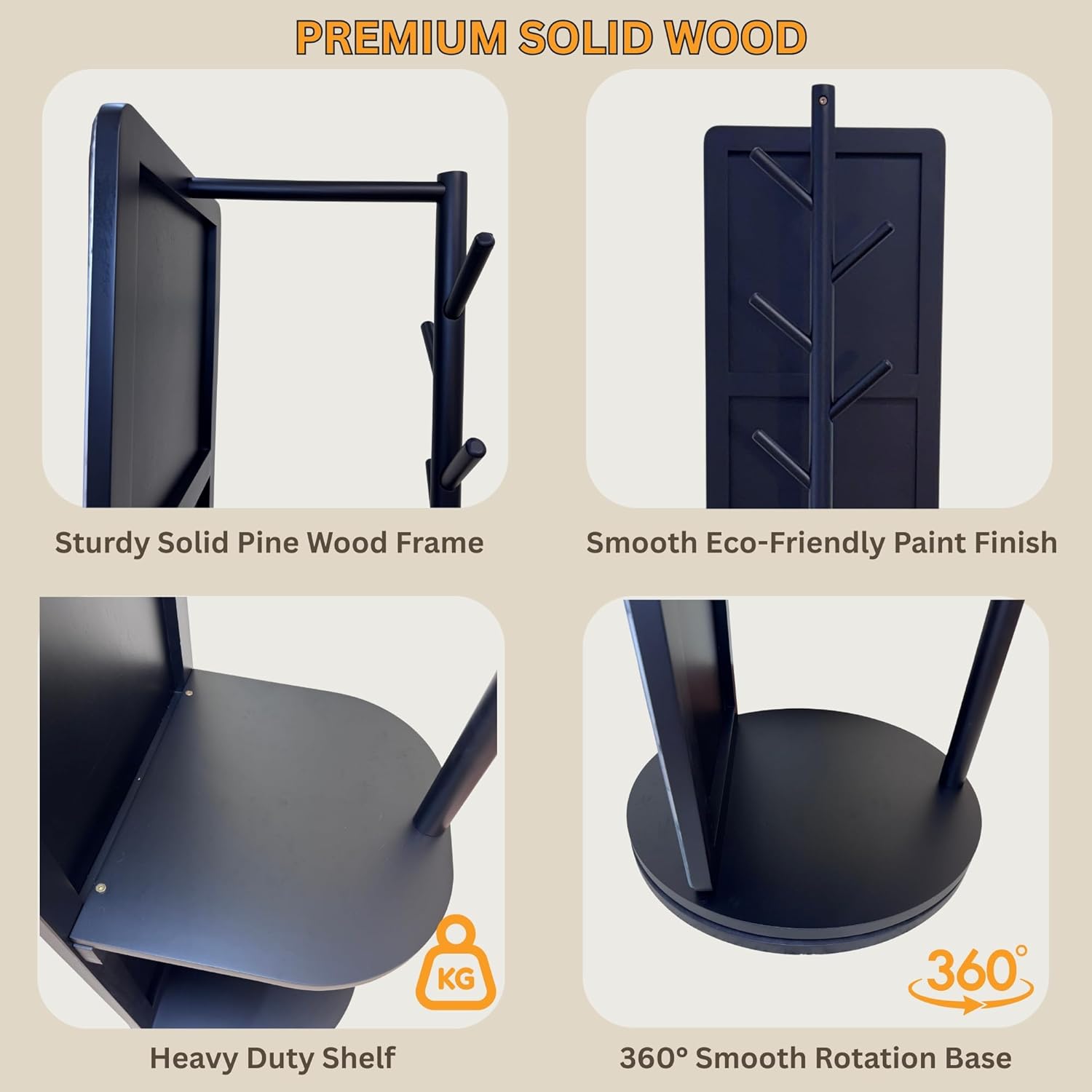 Rotating Solid Wood Full Length Mirror with Coat Rack, 69x16” Shatterproof Floor Mirror with Storage Clothes Rack, Shelf & Hooks – Ideal for Hallway, Bedroom, or Living Room (Black, Large)