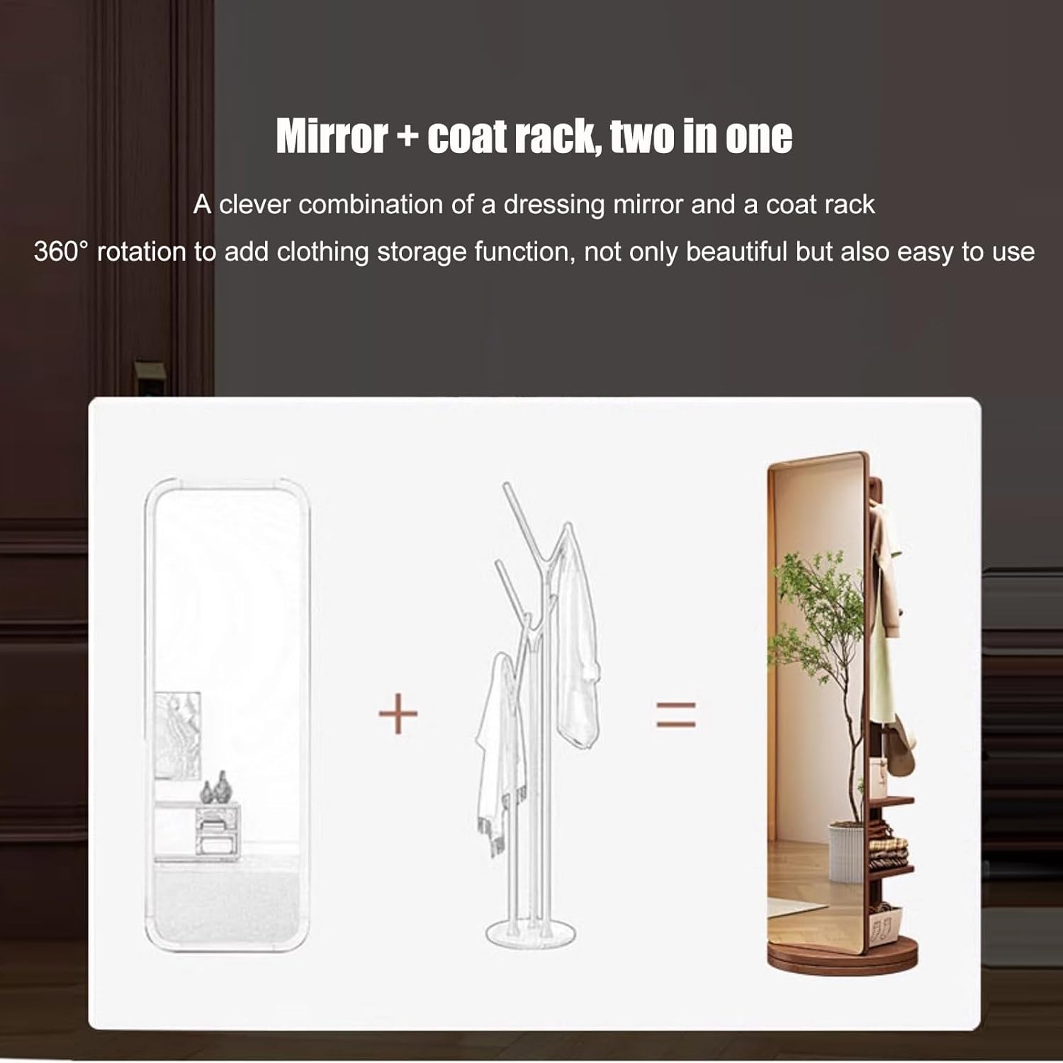 Rotatable Full Length Mirror with Cloak Rack, 360° Rotating Solid Wood Full Body Mirror , 3-in-1 Floor Standing Mirrors with Hooks & Hidden Storage,for Bedroom, Living Room, Dressing Room, 66.1 * 15