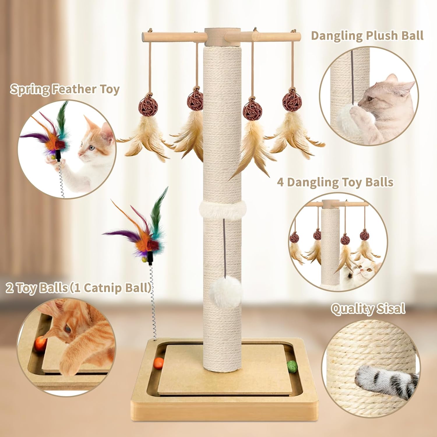 Cat Scratching Post, Sisal, Interactive Furniture Toys for Indoor Cats Adults, 2 Mounting Methods Scratcher Tree Tower with Hanging and Ball Track, Activity Center for Kitten, 25 inches