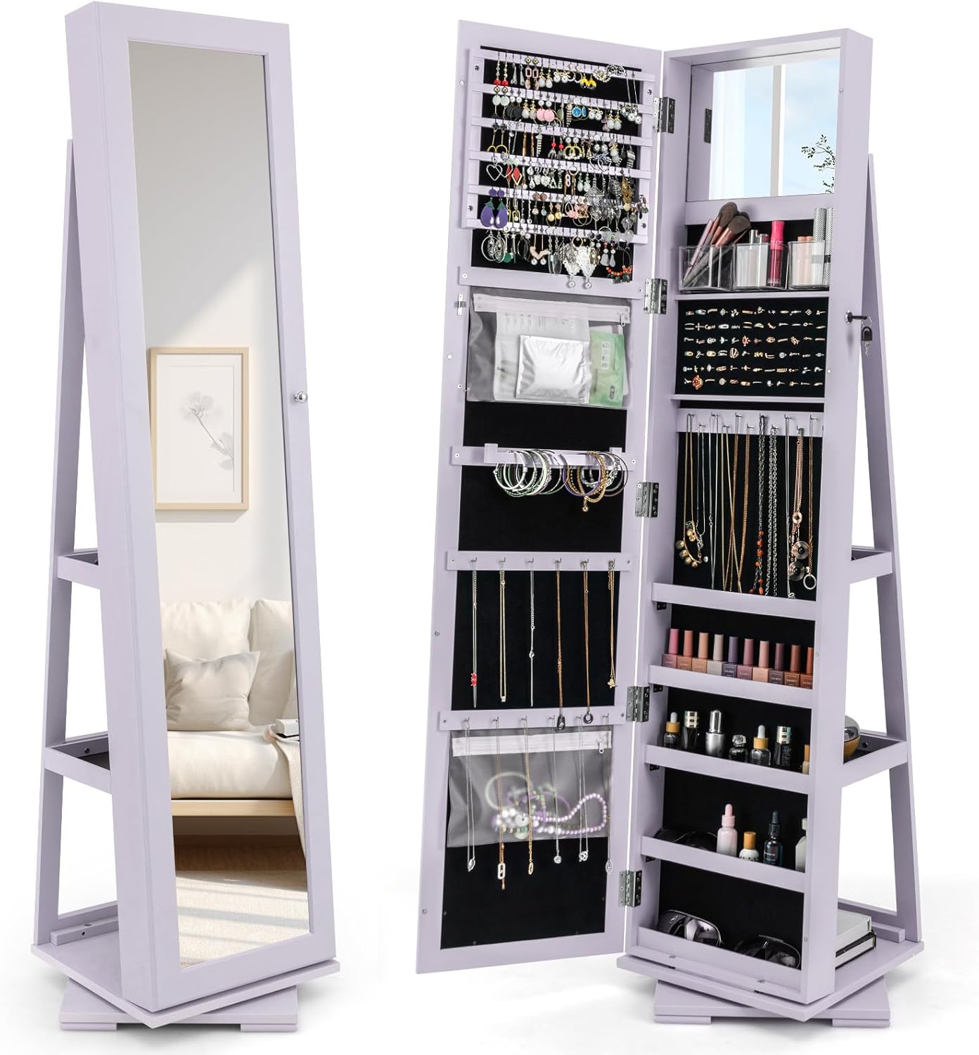 CHARMAID 360° Swivel Jewelry Armoire with Higher Full Length Mirror, Standing Lockable Jewelry Cabinet Organizer with Large Storage Capacity, Inside Makeup Mirror, Back Storage Shelves (Walnut)