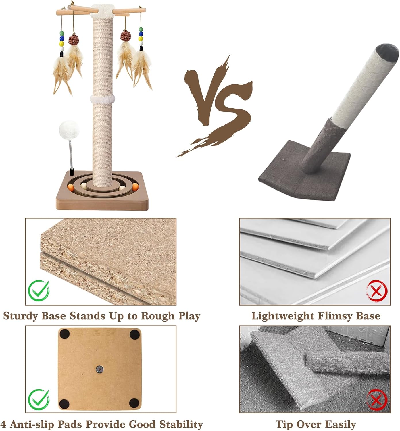 Cat Scratching Post, Sisal, Interactive Furniture Toys for Indoor Cats Adults, 2 Mounting Methods Scratcher Tree Tower with Hanging and Ball Track, Activity Center for Kitten, 25 inches