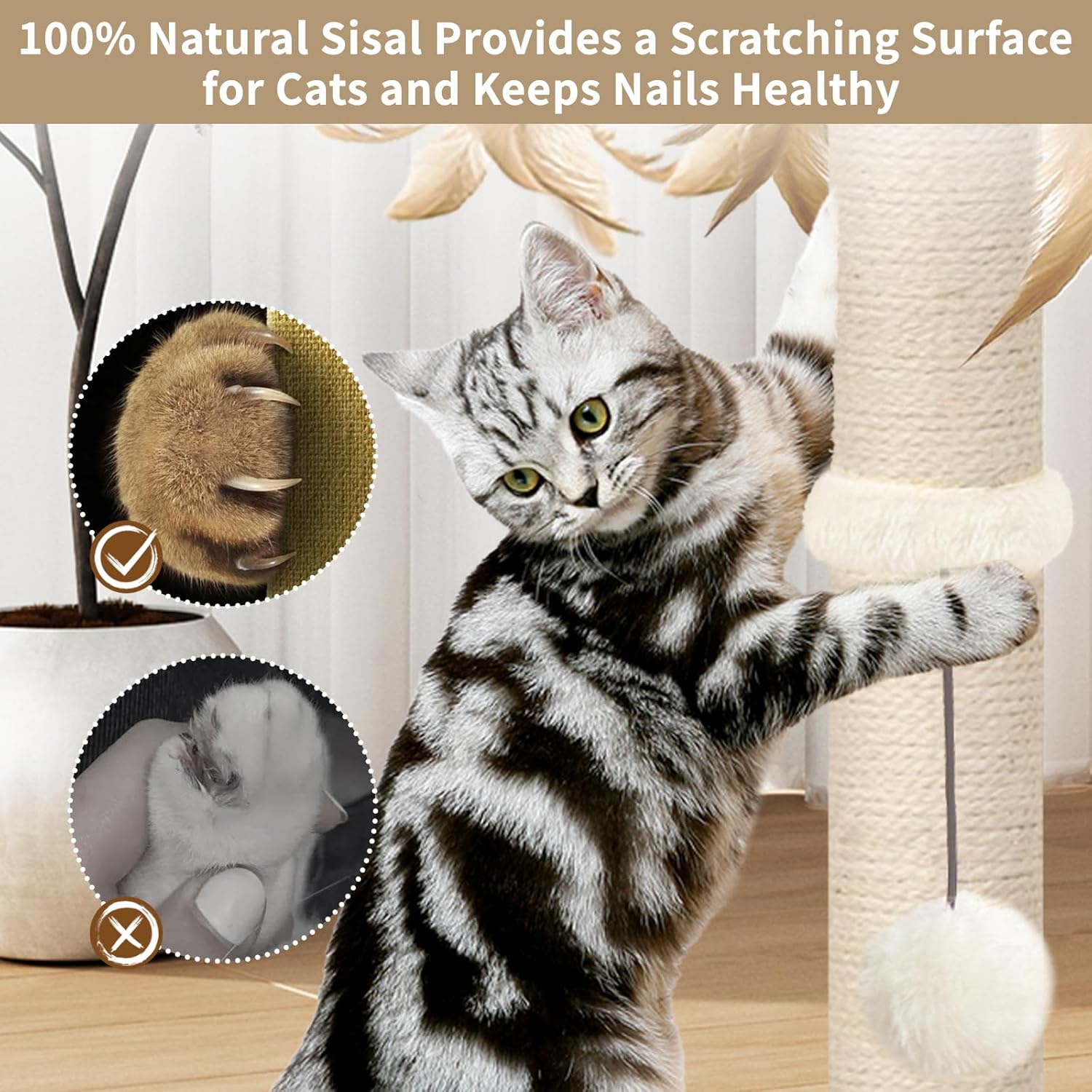 Cat Scratching Post, Sisal, Interactive Furniture Toys for Indoor Cats Adults, 2 Mounting Methods Scratcher Tree Tower with Hanging and Ball Track, Activity Center for Kitten, 25 inches