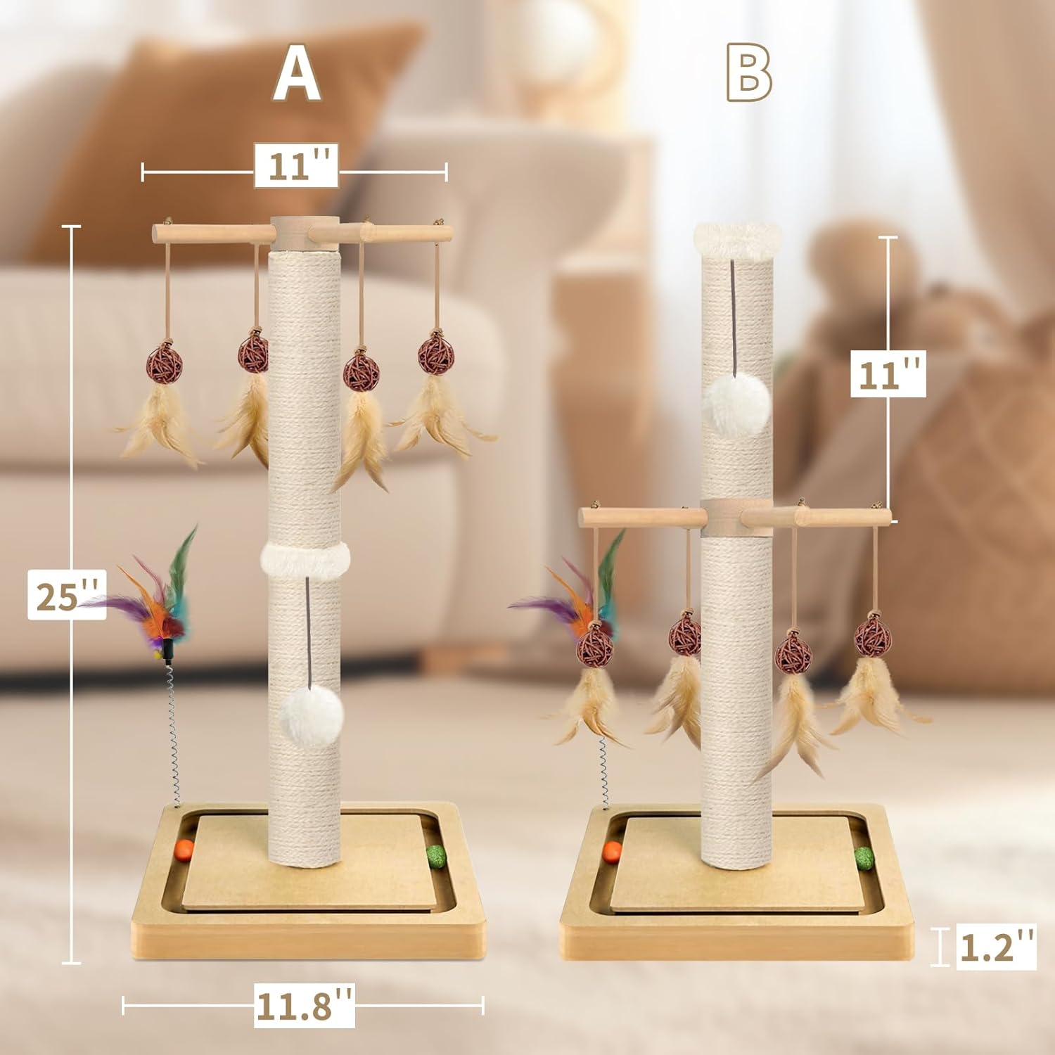 Cat Scratching Post, Sisal, Interactive Furniture Toys for Indoor Cats Adults, 2 Mounting Methods Scratcher Tree Tower with Hanging and Ball Track, Activity Center for Kitten, 25 inches