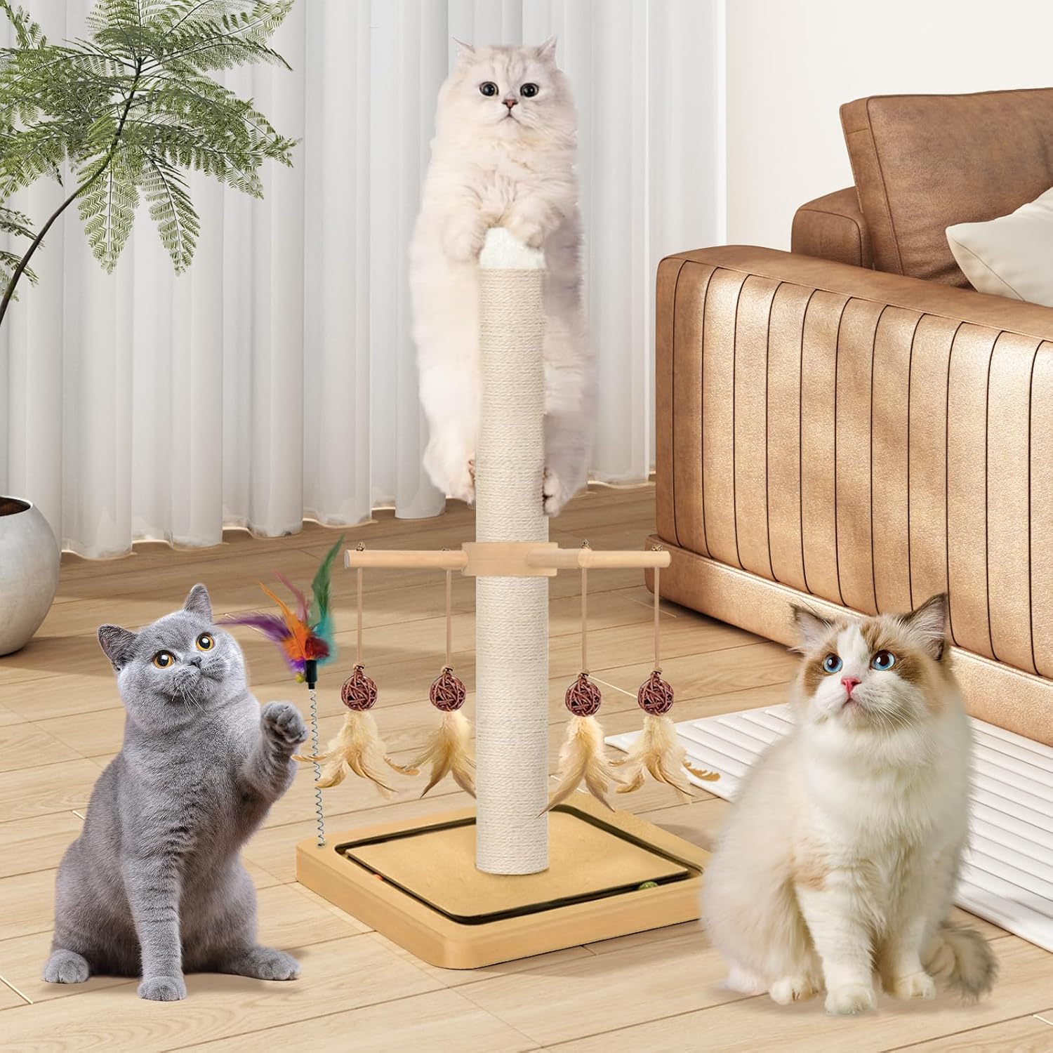 Cat Scratching Post, Sisal, Interactive Furniture Toys for Indoor Cats Adults, 2 Mounting Methods Scratcher Tree Tower with Hanging and Ball Track, Activity Center for Kitten, 25 inches