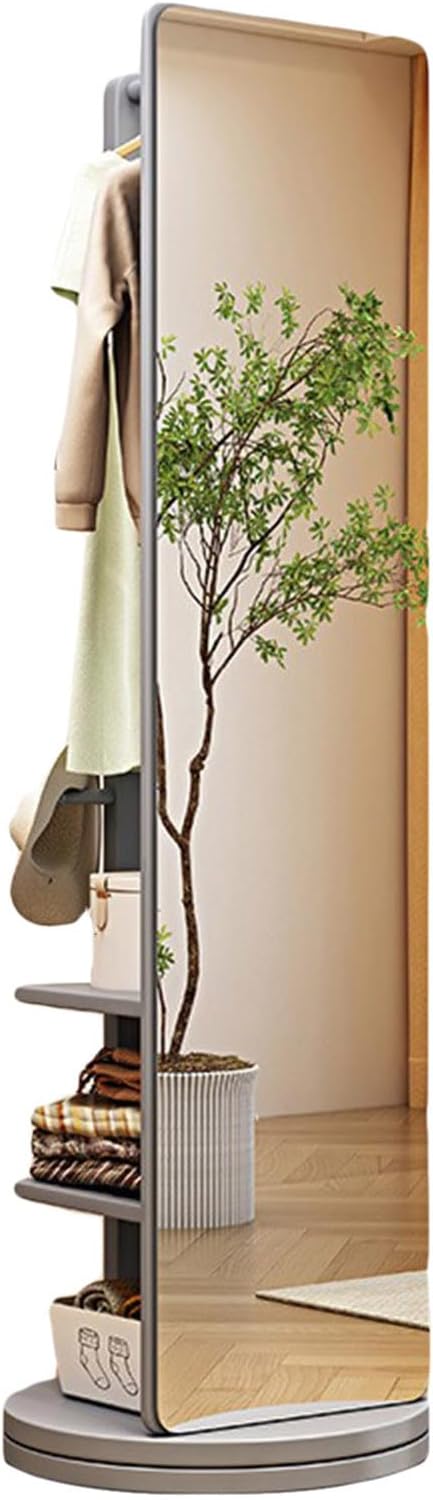 Rotatable Full Length Mirror with Cloak Rack, 360° Rotating Solid Wood Full Body Mirror , 3-in-1 Floor Standing Mirrors with Hooks & Hidden Storage,for Bedroom, Living Room, Dressing Room, 66.1 * 15