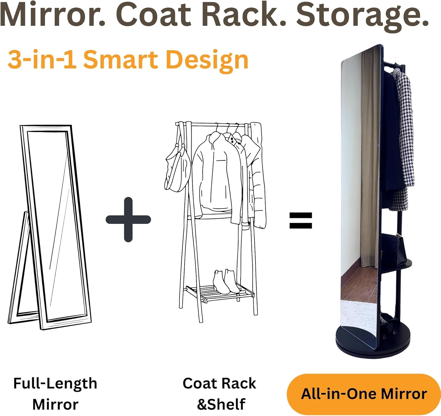 Rotating Solid Wood Full Length Mirror with Coat Rack, 69x16” Shatterproof Floor Mirror with Storage Clothes Rack, Shelf & Hooks – Ideal for Hallway, Bedroom, or Living Room (Black, Large)