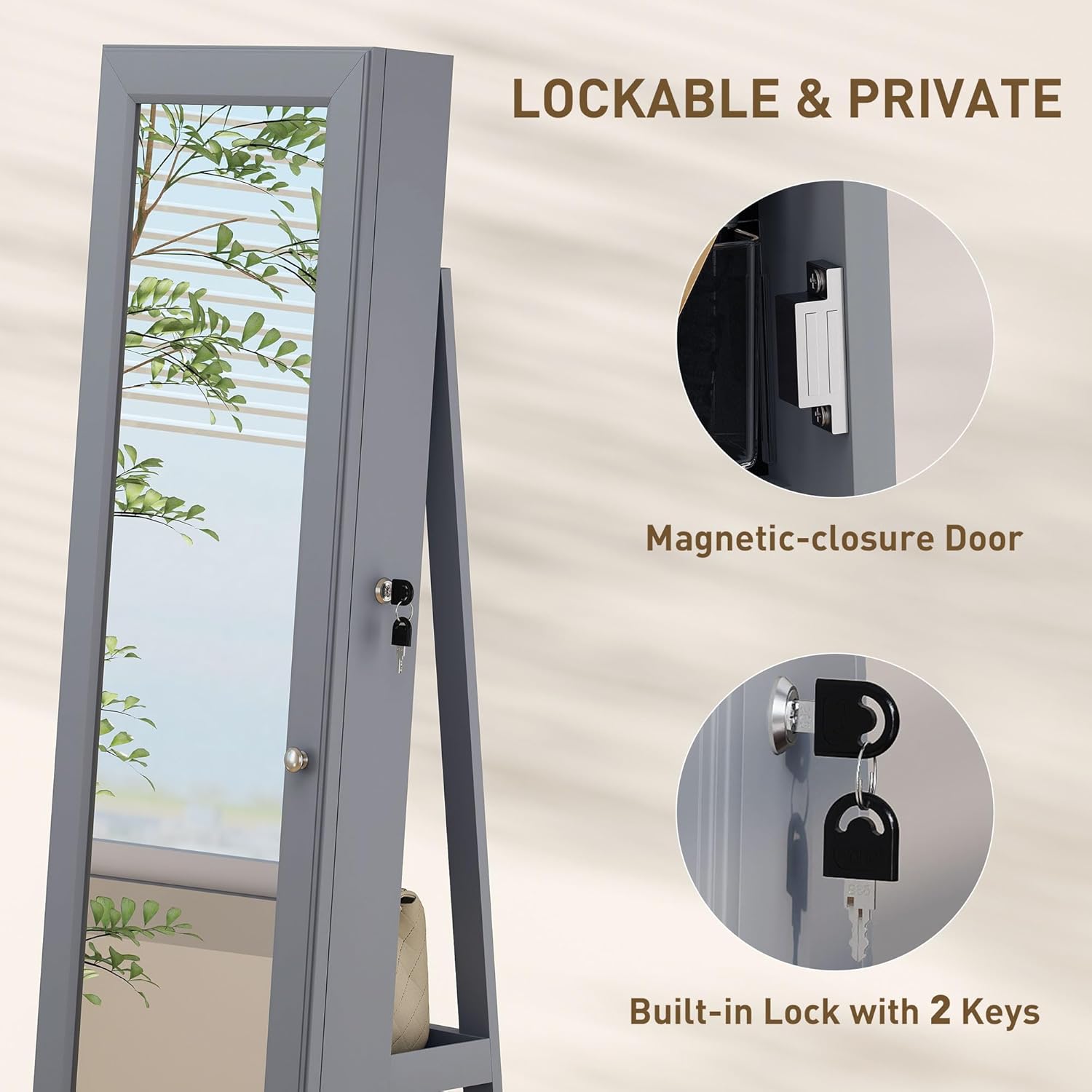 HOMCOM 360° Swivel Jewelry Cabinet, Lockable Jewelry Armoire Organizer with Full-Length Mirror, Back Storage Shelves, Interior Small Mirror, for Bedroom Living Room, White