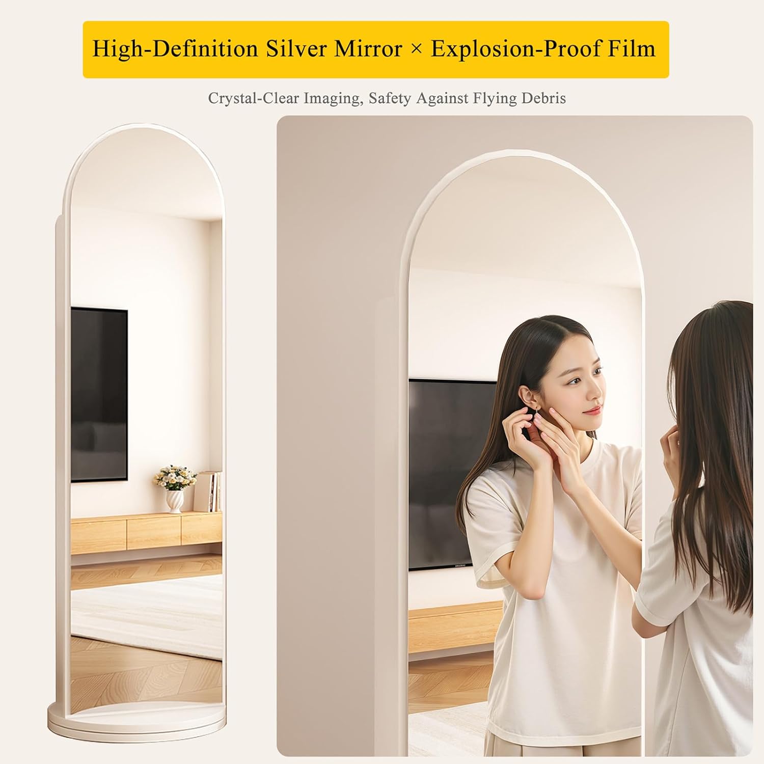 Arched Solid Wood Full-Length Mirror with Bookshelf, 360º Rotating Bookshelf Mirror, Floor-Standing Mirrors and Magazine Holder for Living Room Bedroom