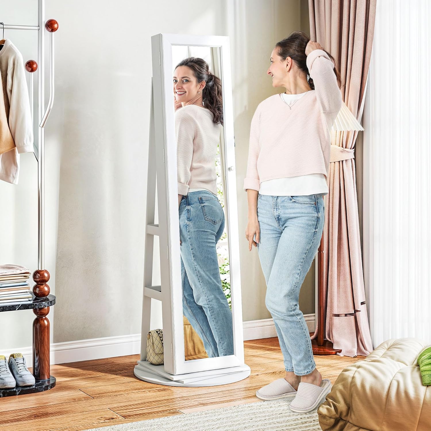 HOMCOM 360° Swivel Jewelry Cabinet, Lockable Jewelry Armoire Organizer with Full-Length Mirror, Back Storage Shelves, Interior Small Mirror, for Bedroom Living Room, White