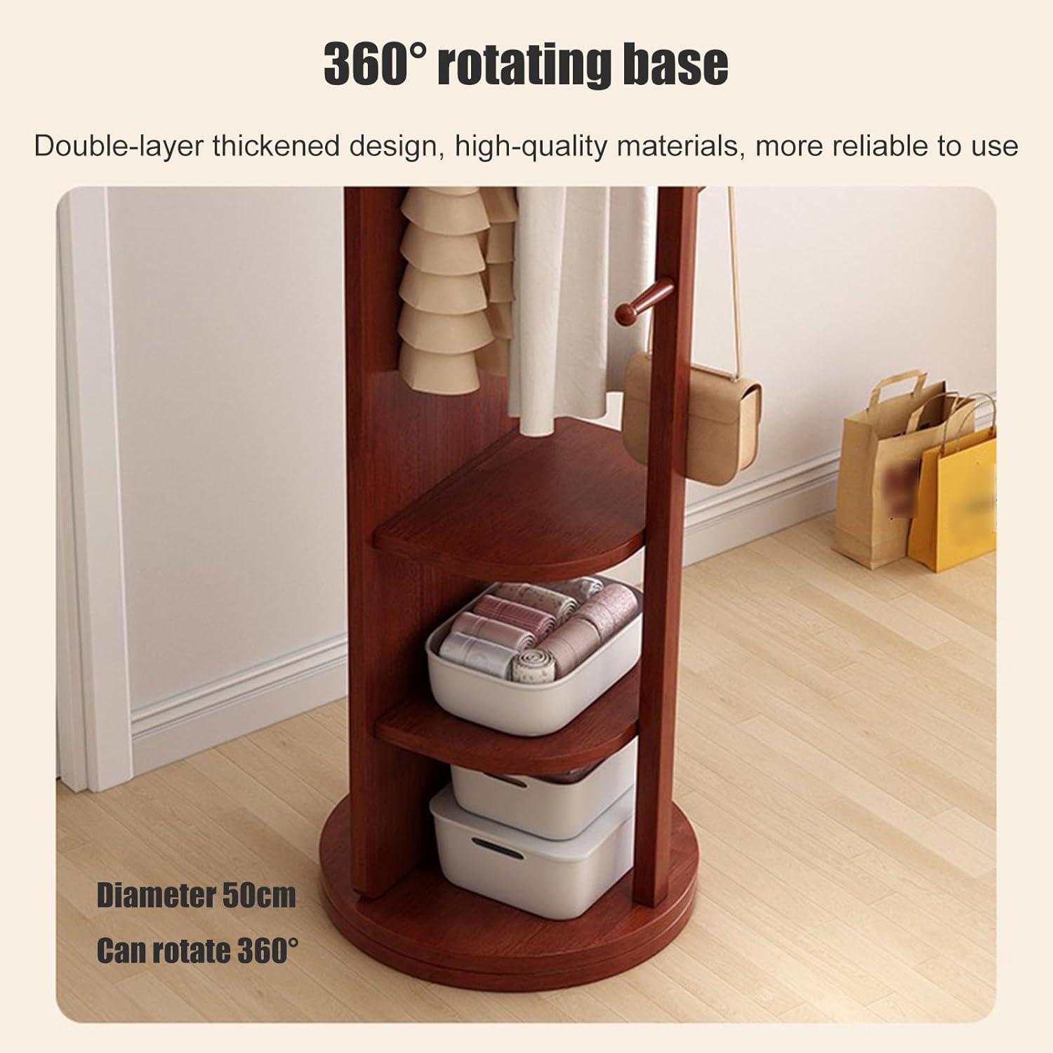 Rotatable Full Length Mirror with Cloak Rack, 360° Rotating Solid Wood Full Body Mirror , 3-in-1 Floor Standing Mirrors with Hooks & Hidden Storage,for Bedroom, Living Room, Dressing Room, 66.1 * 15