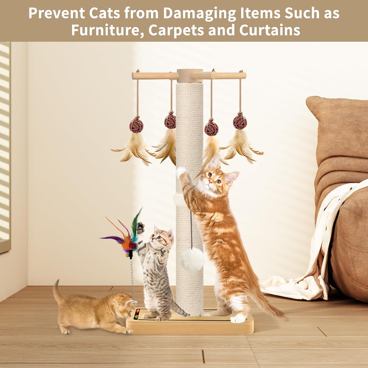 Cat Scratching Post, Sisal, Interactive Furniture Toys for Indoor Cats Adults, 2 Mounting Methods Scratcher Tree Tower with Hanging and Ball Track, Activity Center for Kitten, 25 inches