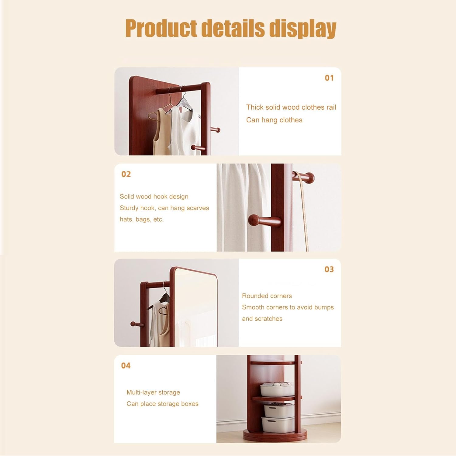 Rotatable Full Length Mirror with Cloak Rack, 360° Rotating Solid Wood Full Body Mirror , 3-in-1 Floor Standing Mirrors with Hooks & Hidden Storage,for Bedroom, Living Room, Dressing Room, 66.1 * 15