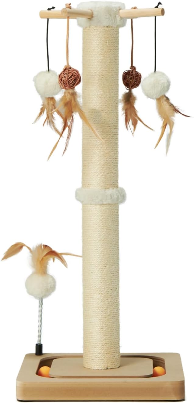 PEEKAB Cat Scratching Post Premium Sisal Scratch Posts with Tracking Interactive Toys Vertical Scratcher for Indoor Cats and Kittens- 25 inches Beige