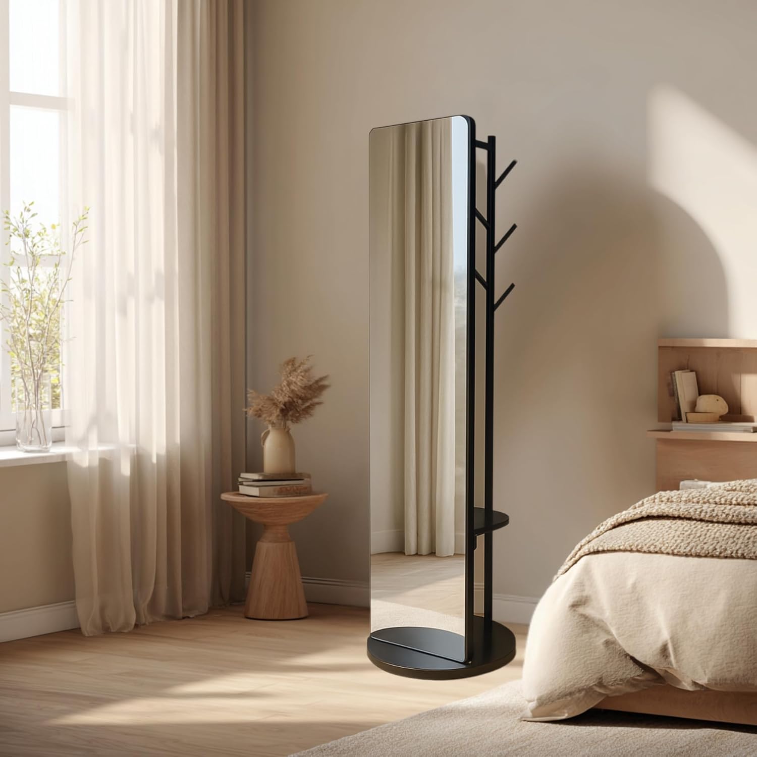 Rotating Solid Wood Full Length Mirror with Coat Rack, 69x16” Shatterproof Floor Mirror with Storage Clothes Rack, Shelf & Hooks – Ideal for Hallway, Bedroom, or Living Room (Black, Large)