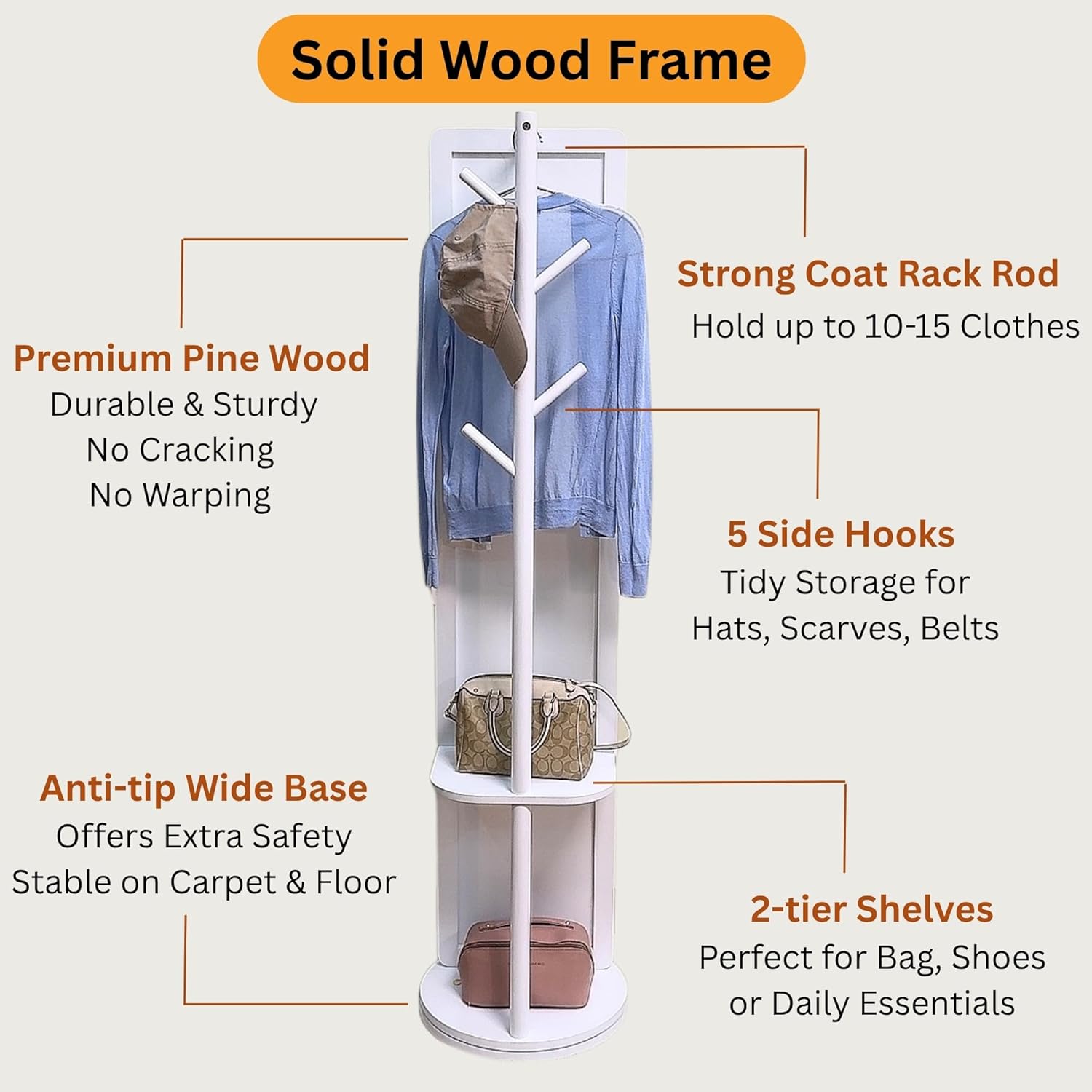 Rotating Solid Wood Full Length Mirror with Coat Rack, 69x16” Shatterproof Floor Mirror with Storage Clothes Rack, Shelf & Hooks – Ideal for Hallway, Bedroom, or Living Room (Black, Large)