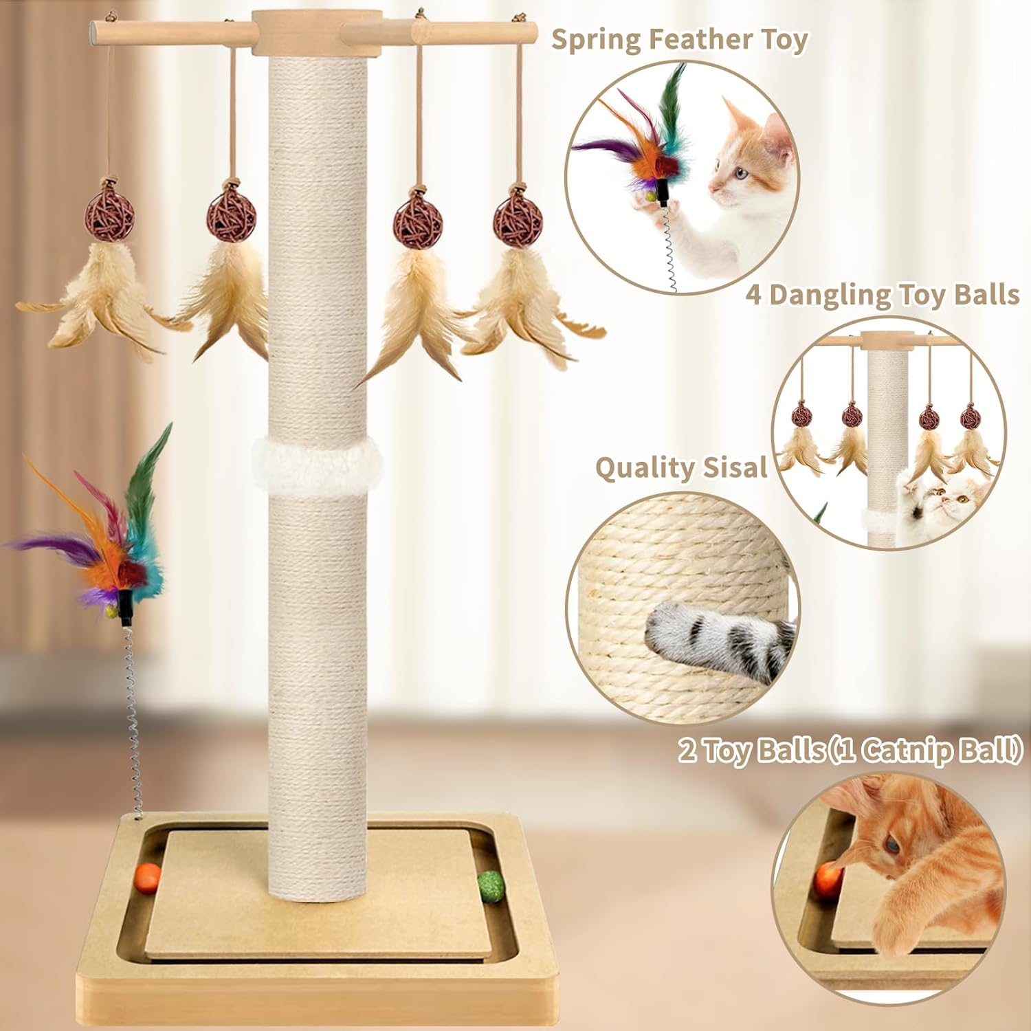 Cat Scratching Post, Sisal, Interactive Furniture Toys for Indoor Cats Adults, 2 Mounting Methods Scratcher Tree Tower with Hanging and Ball Track, Activity Center for Kitten, 25 inches