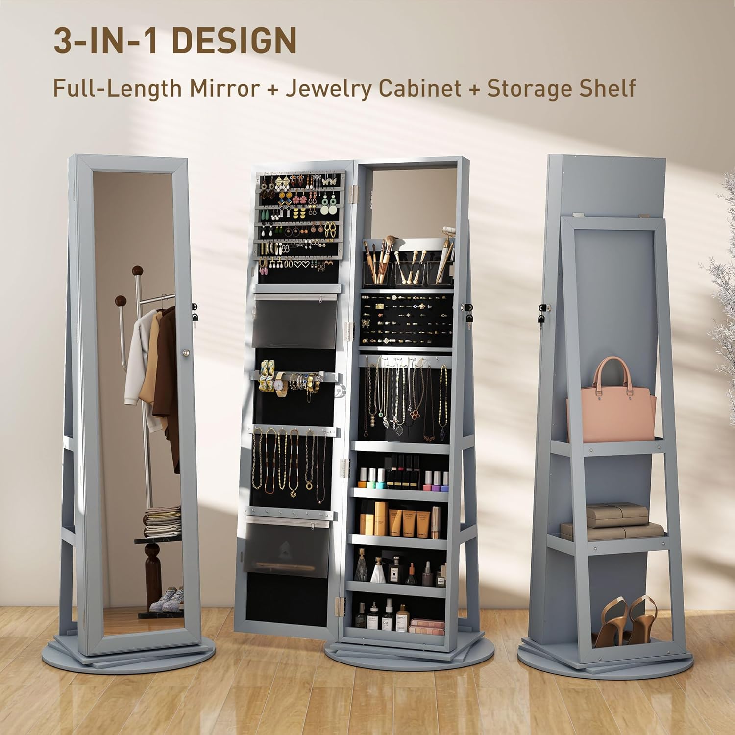 HOMCOM 360° Swivel Jewelry Cabinet, Lockable Jewelry Armoire Organizer with Full-Length Mirror, Back Storage Shelves, Interior Small Mirror, for Bedroom Living Room, White