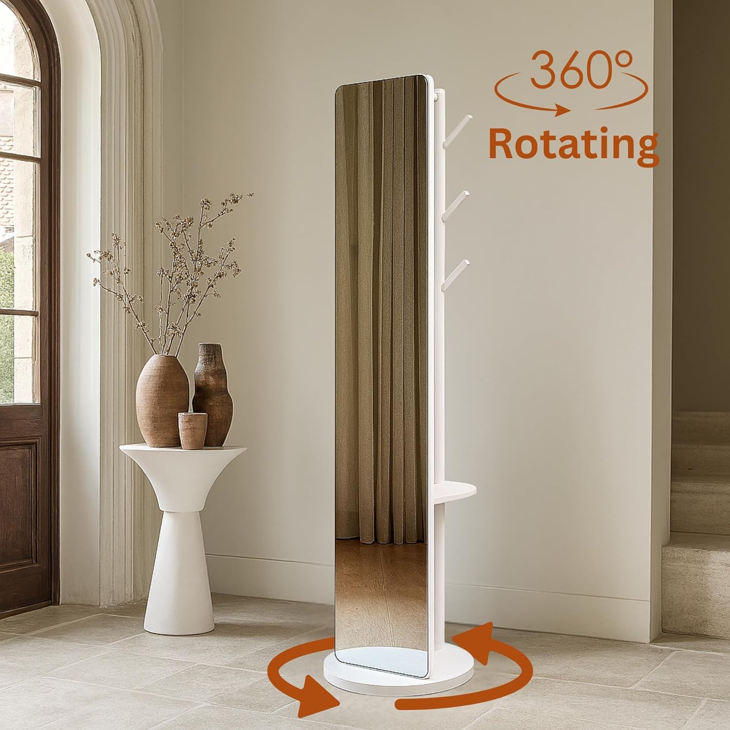 Rotating Solid Wood Full Length Mirror with Coat Rack, 69x16” Shatterproof Floor Mirror with Storage Clothes Rack, Shelf & Hooks – Ideal for Hallway, Bedroom, or Living Room (Black, Large)