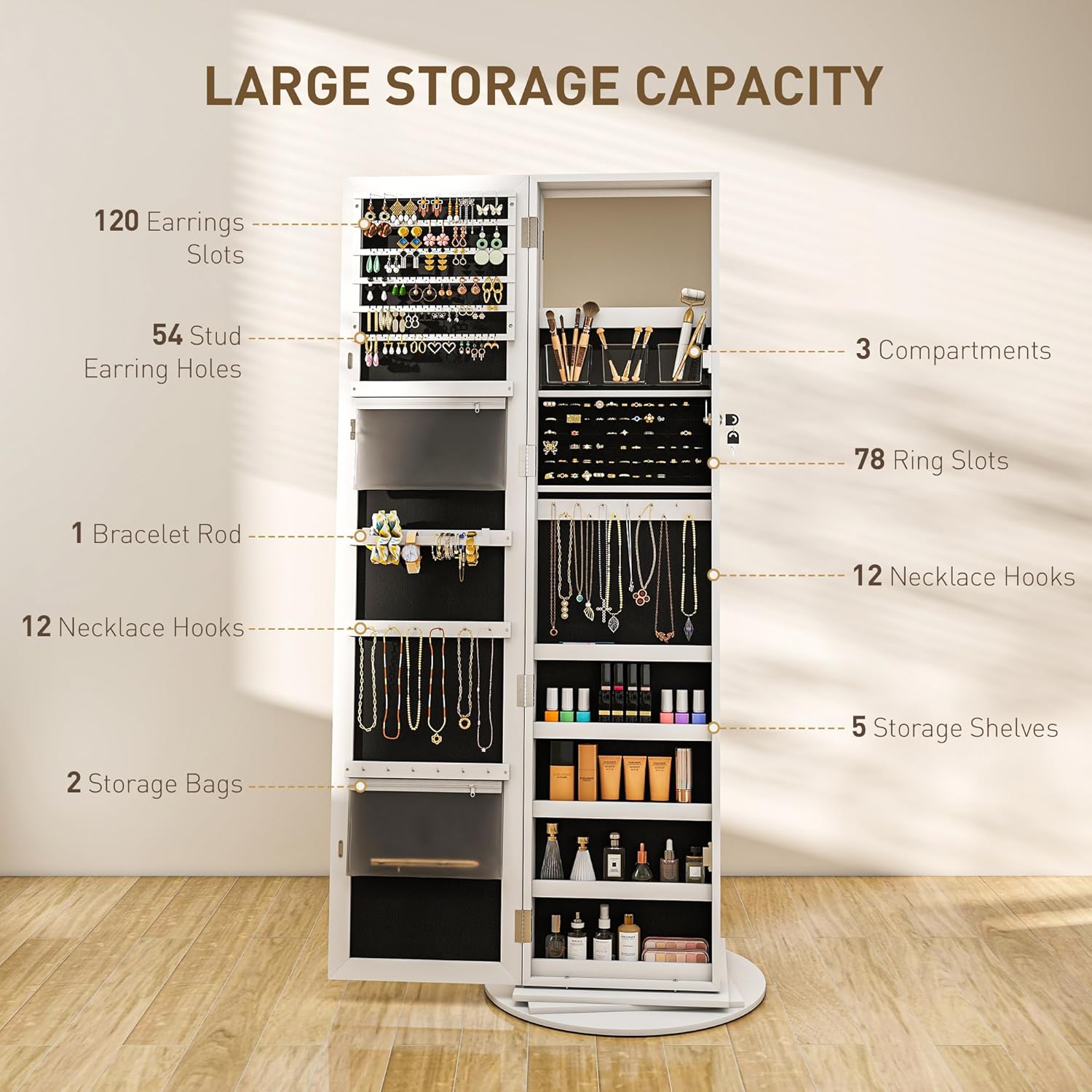 HOMCOM 360° Swivel Jewelry Cabinet, Lockable Jewelry Armoire Organizer with Full-Length Mirror, Back Storage Shelves, Interior Small Mirror, for Bedroom Living Room, White