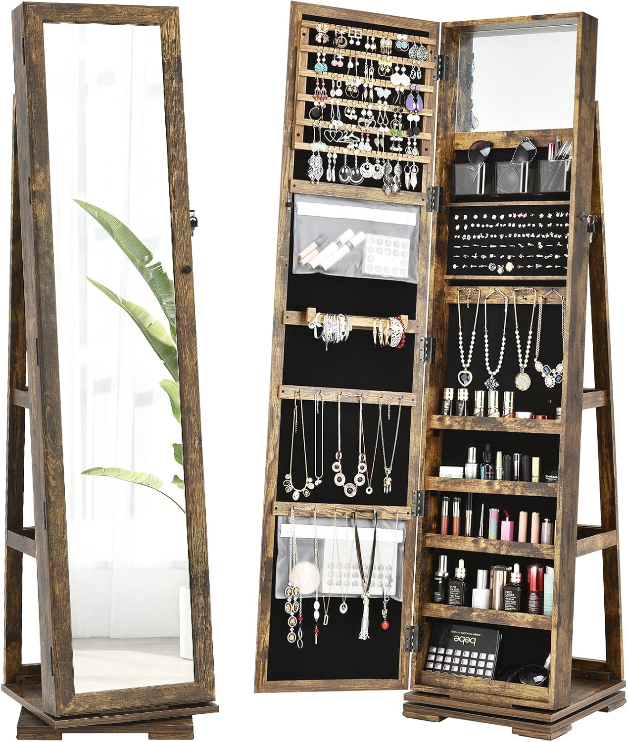 CHARMAID 360° Swivel Jewelry Armoire with Higher Full Length Mirror, Standing Lockable Jewelry Cabinet Organizer with Large Storage Capacity, Inside Makeup Mirror, Back Storage Shelves (Walnut)