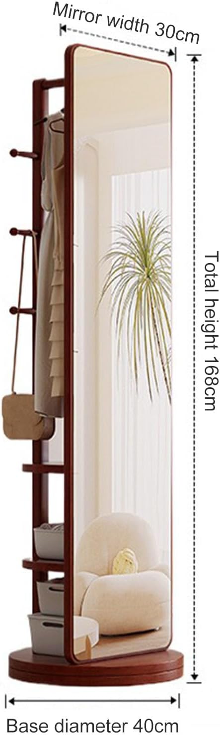 Rotatable Full Length Mirror with Cloak Rack, 360° Rotating Solid Wood Full Body Mirror , 3-in-1 Floor Standing Mirrors with Hooks & Hidden Storage,for Bedroom, Living Room, Dressing Room, 66.1 * 15