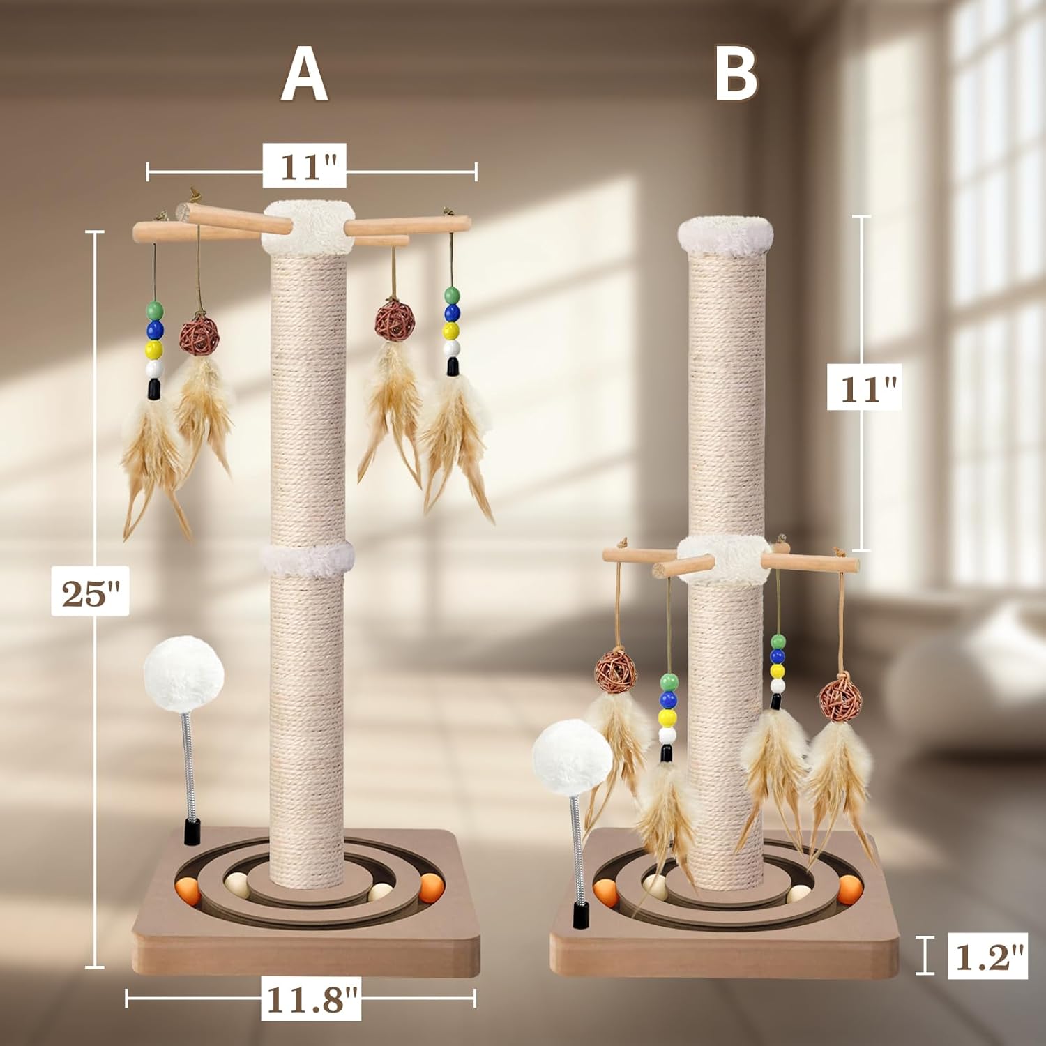 Cat Scratching Post, Sisal, Interactive Furniture Toys for Indoor Cats Adults, 2 Mounting Methods Scratcher Tree Tower with Hanging and Ball Track, Activity Center for Kitten, 25 inches