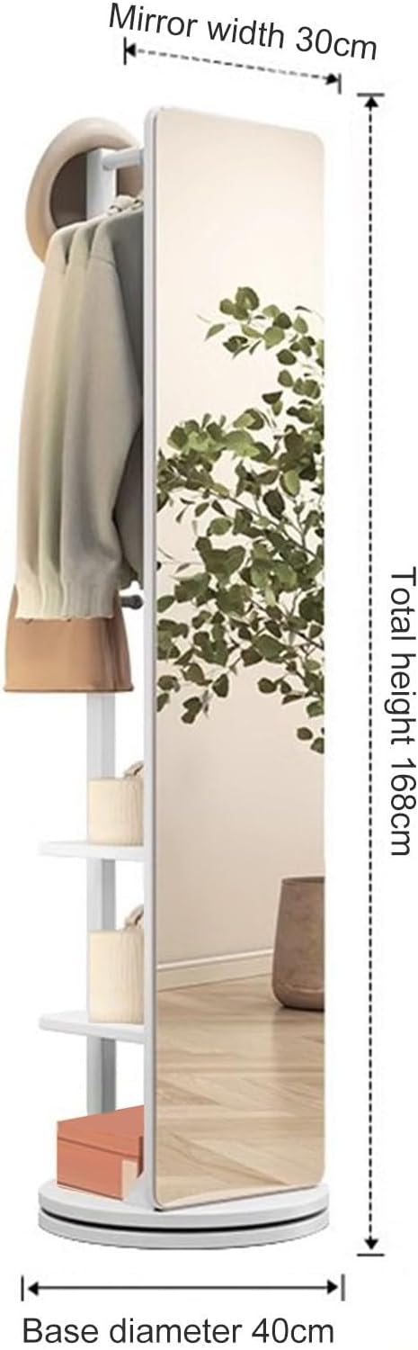 Rotatable Full Length Mirror with Cloak Rack, 360° Rotating Solid Wood Full Body Mirror , 3-in-1 Floor Standing Mirrors with Hooks & Hidden Storage,for Bedroom, Living Room, Dressing Room, 66.1 * 15