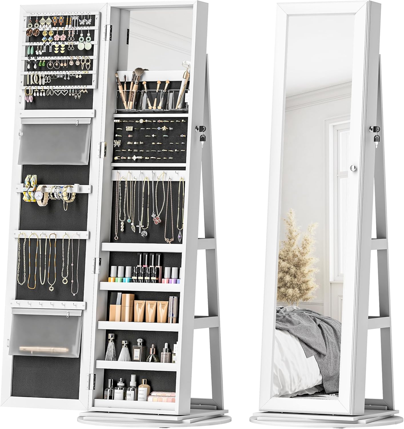 HOMCOM 360° Swivel Jewelry Cabinet, Lockable Jewelry Armoire Organizer with Full-Length Mirror, Back Storage Shelves, Interior Small Mirror, for Bedroom Living Room, White