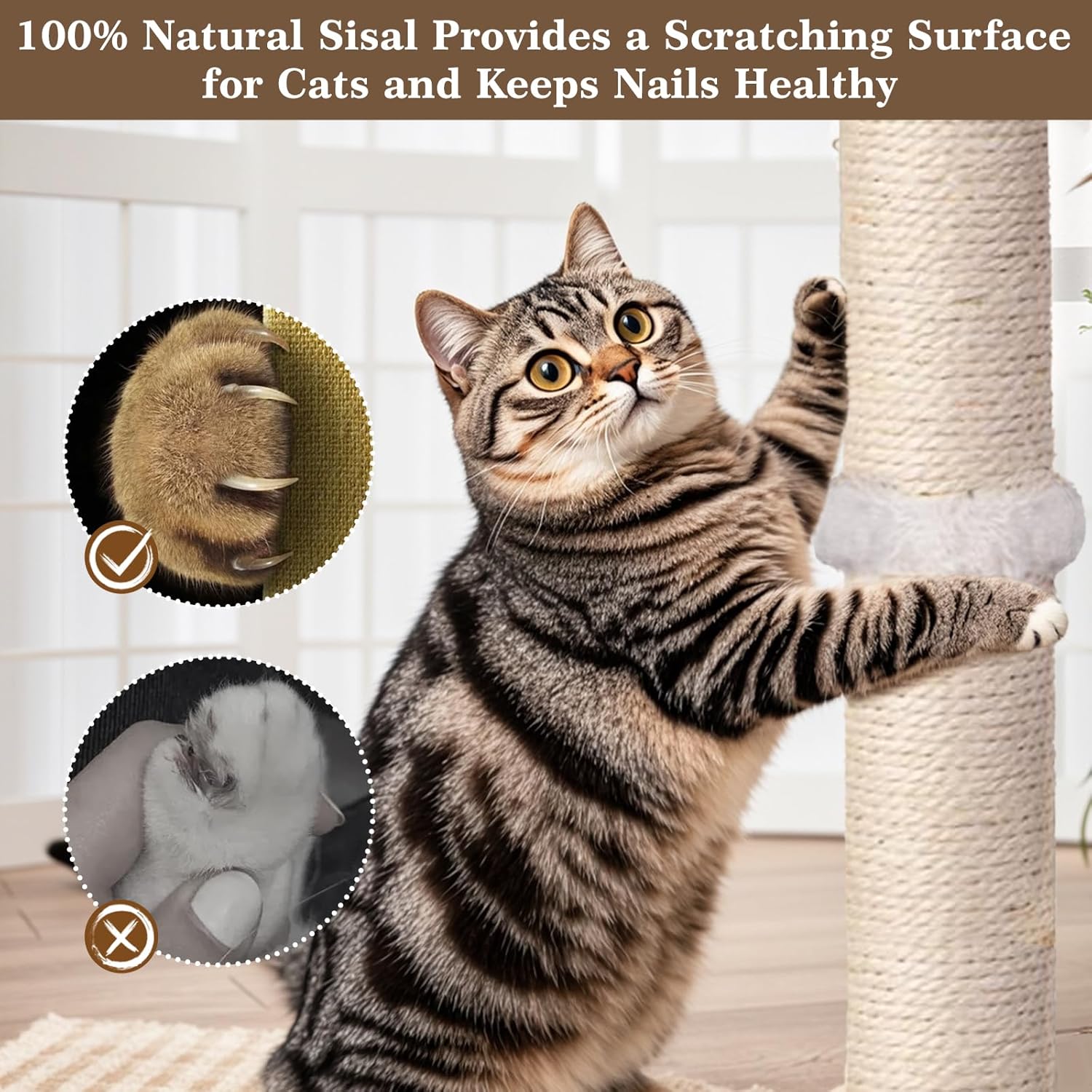 Cat Scratching Post, Sisal, Interactive Furniture Toys for Indoor Cats Adults, 2 Mounting Methods Scratcher Tree Tower with Hanging and Ball Track, Activity Center for Kitten, 25 inches