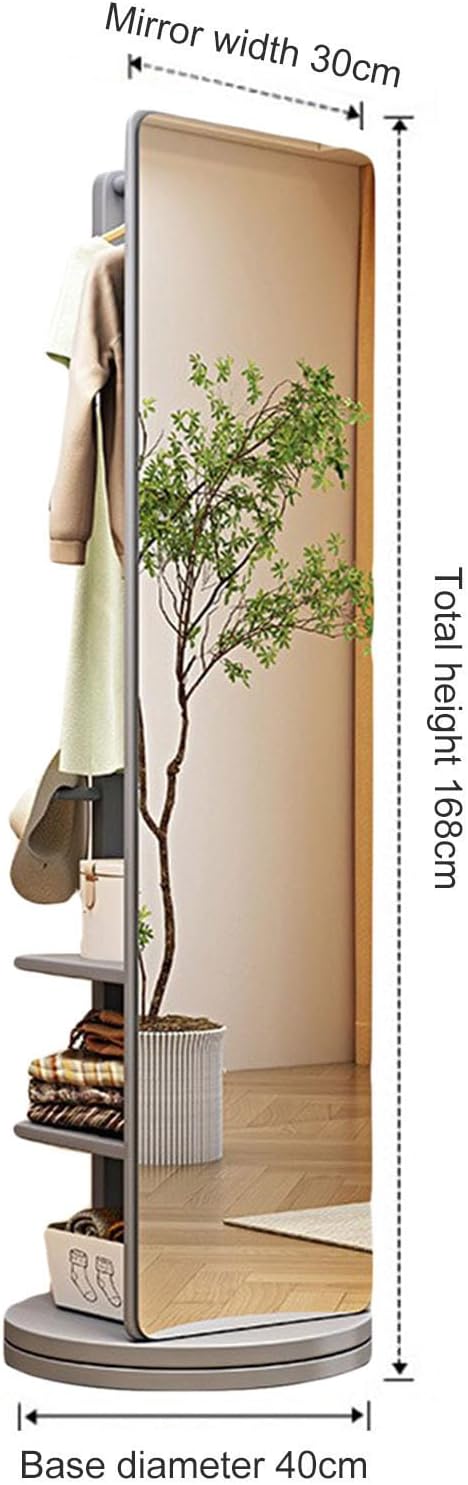 Rotatable Full Length Mirror with Cloak Rack, 360° Rotating Solid Wood Full Body Mirror , 3-in-1 Floor Standing Mirrors with Hooks & Hidden Storage,for Bedroom, Living Room, Dressing Room, 66.1 * 15