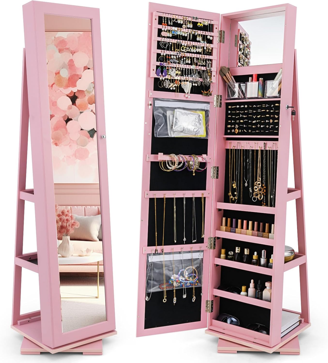 CHARMAID 360° Swivel Jewelry Armoire with Higher Full Length Mirror, Standing Lockable Jewelry Cabinet Organizer with Large Storage Capacity, Inside Makeup Mirror, Back Storage Shelves (Walnut)