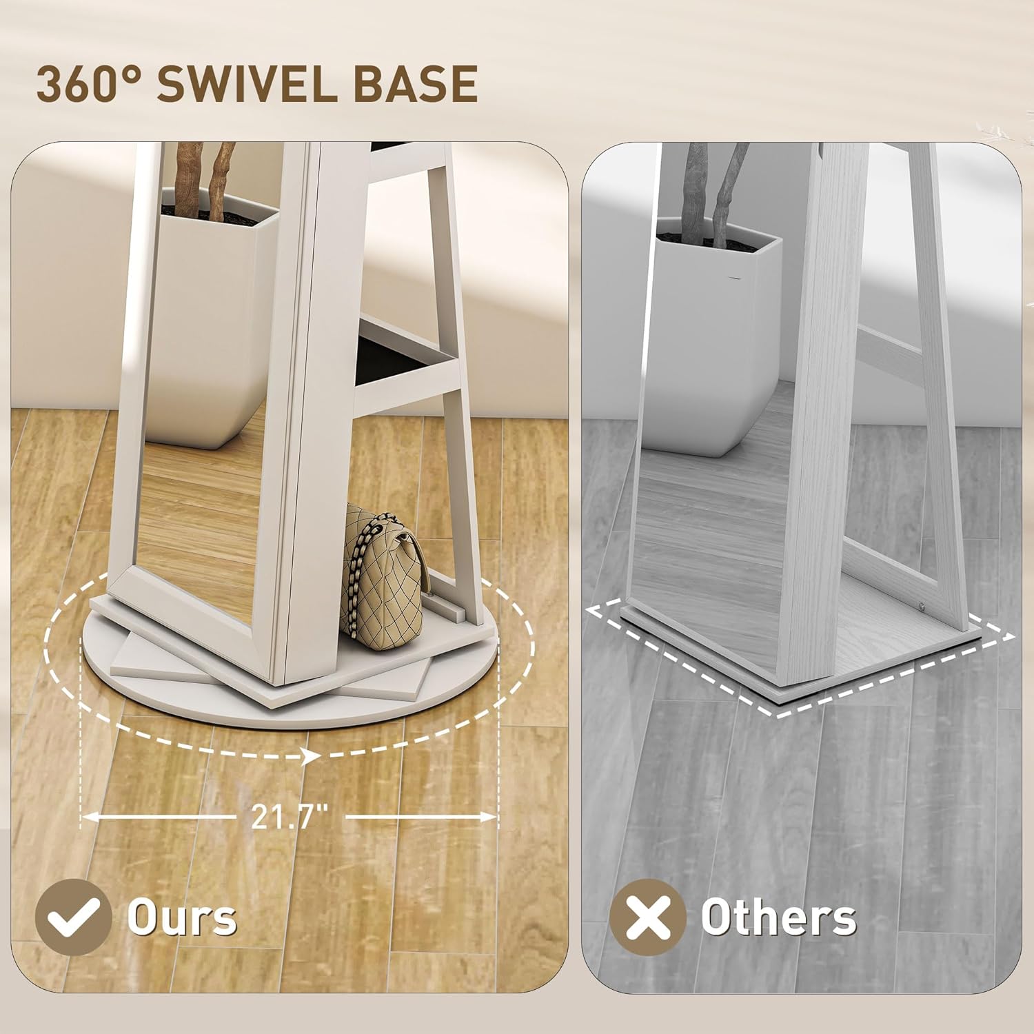 HOMCOM 360° Swivel Jewelry Cabinet, Lockable Jewelry Armoire Organizer with Full-Length Mirror, Back Storage Shelves, Interior Small Mirror, for Bedroom Living Room, White