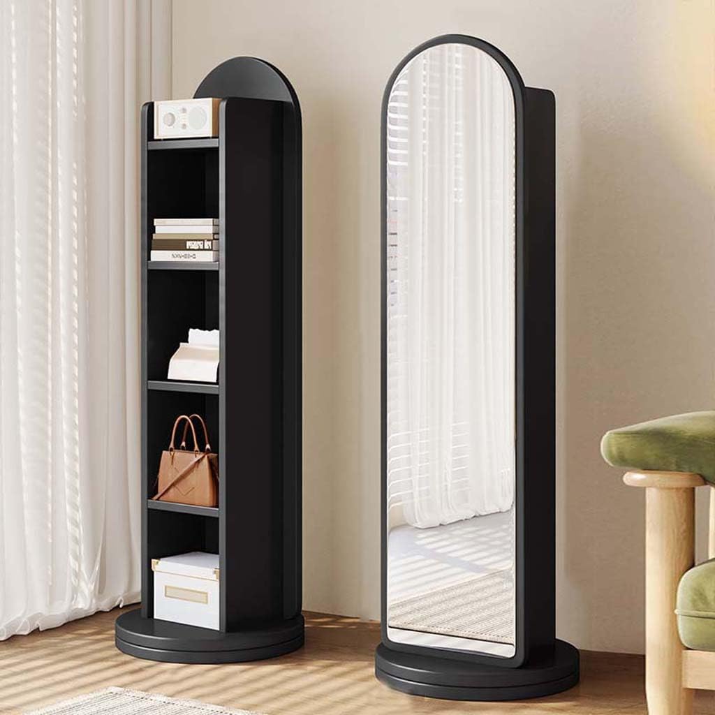 360° Rotating Wood Full Length Mirror, Wood Floor Mirror and Storage Shelf & Bookshelf, Long Mirrors for Bedroom, Living Room, Entryway