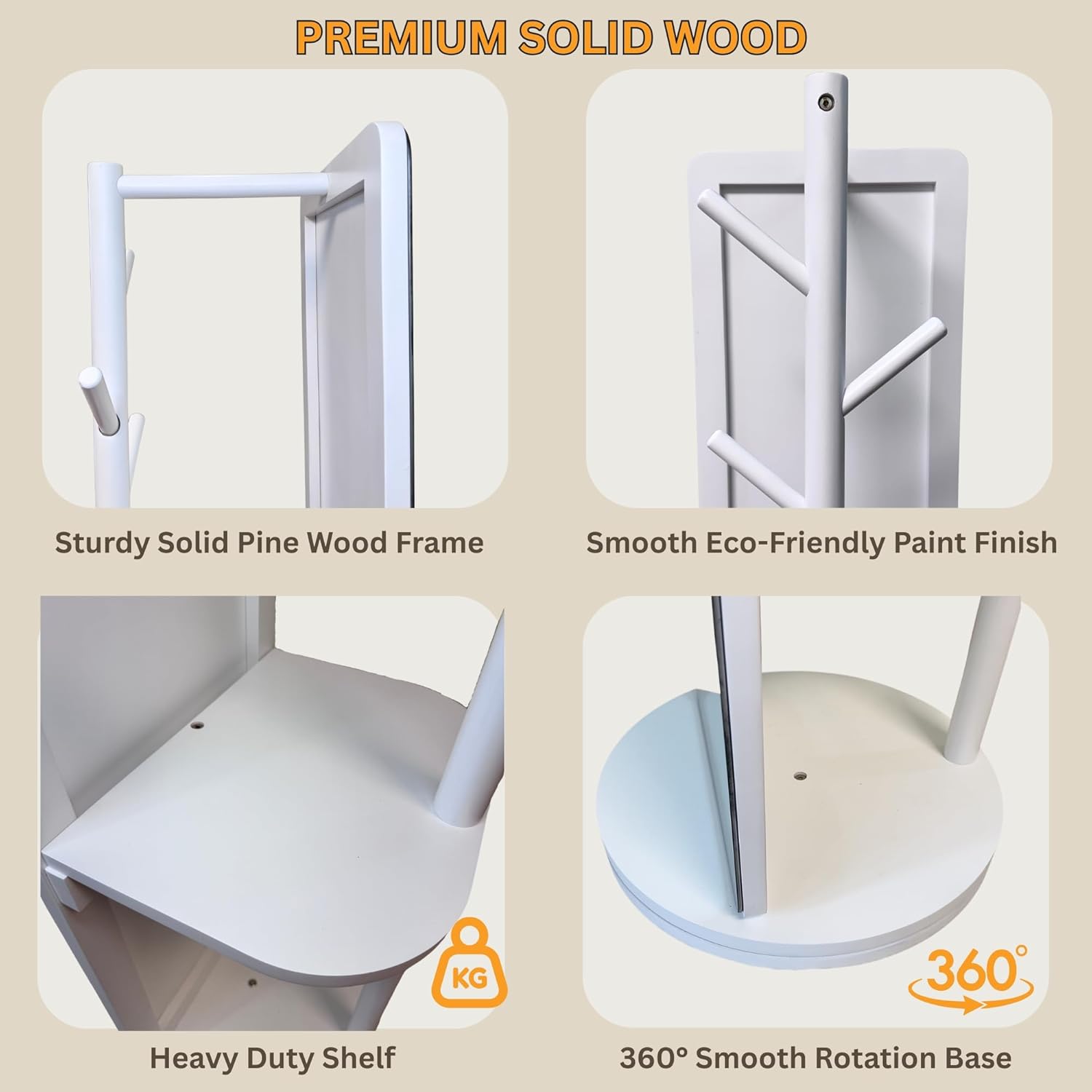 Rotating Solid Wood Full Length Mirror with Coat Rack, 69x16” Shatterproof Floor Mirror with Storage Clothes Rack, Shelf & Hooks – Ideal for Hallway, Bedroom, or Living Room (Black, Large)