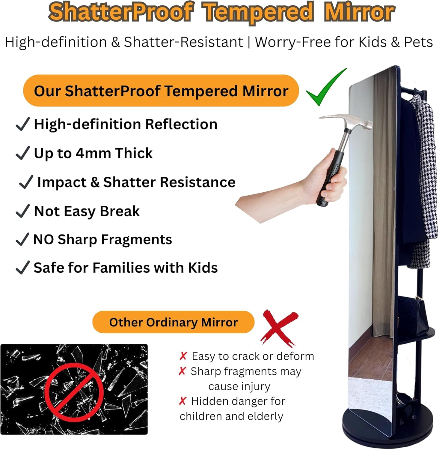 Rotating Solid Wood Full Length Mirror with Coat Rack, 69x16” Shatterproof Floor Mirror with Storage Clothes Rack, Shelf & Hooks – Ideal for Hallway, Bedroom, or Living Room (Black, Large)