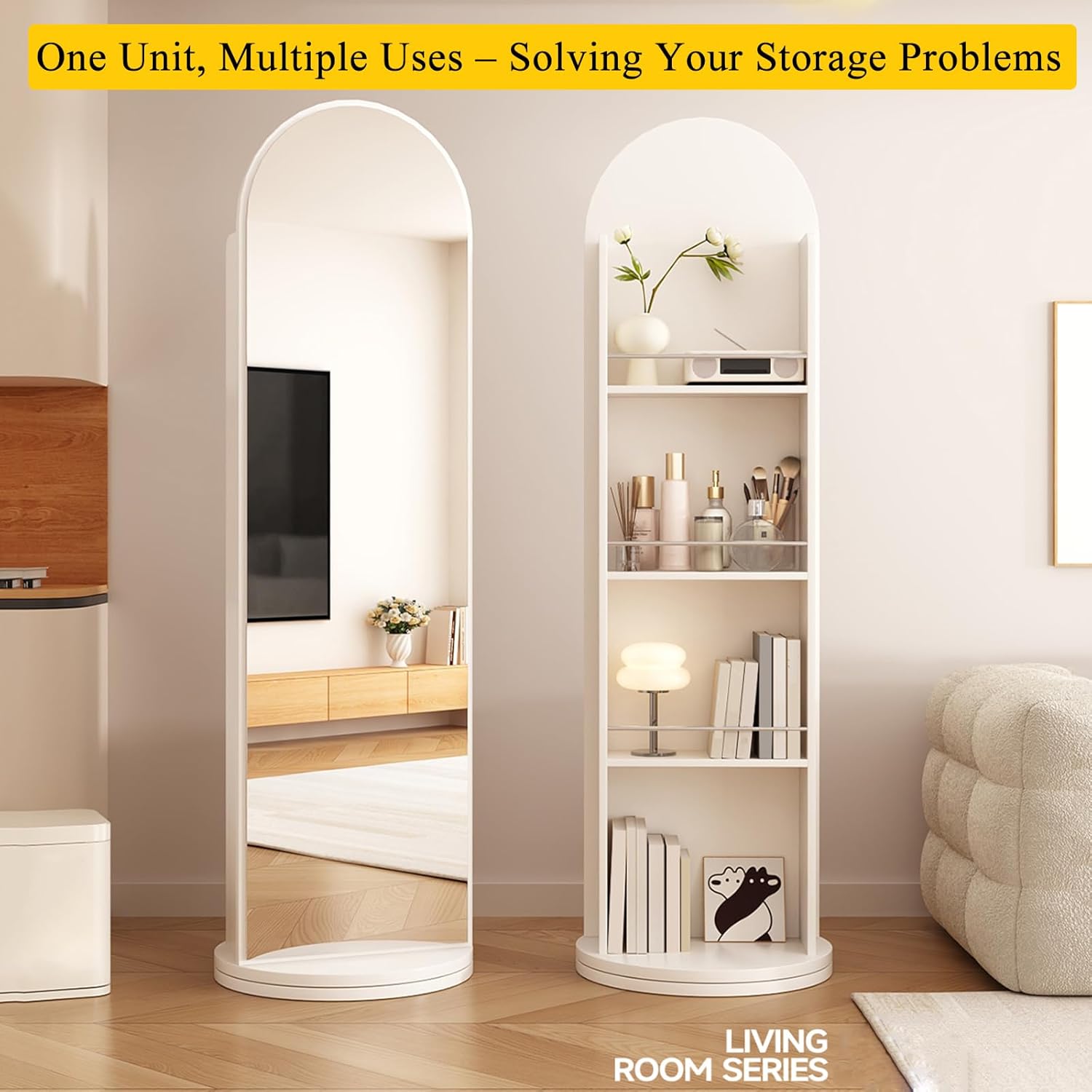 Arched Solid Wood Full-Length Mirror with Bookshelf, 360º Rotating Bookshelf Mirror, Floor-Standing Mirrors and Magazine Holder for Living Room Bedroom