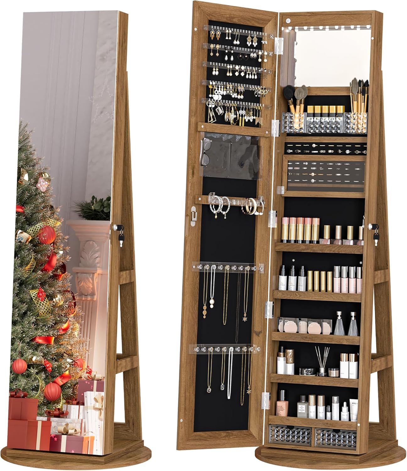 Zamildon's 360° Swivel Jewelry Mirror Cabinet, Lockable Standing Jewelry Armoire with Full Length Mirror, Storage Shelves, Built-in Makeup Mirror (Rustic Brown)